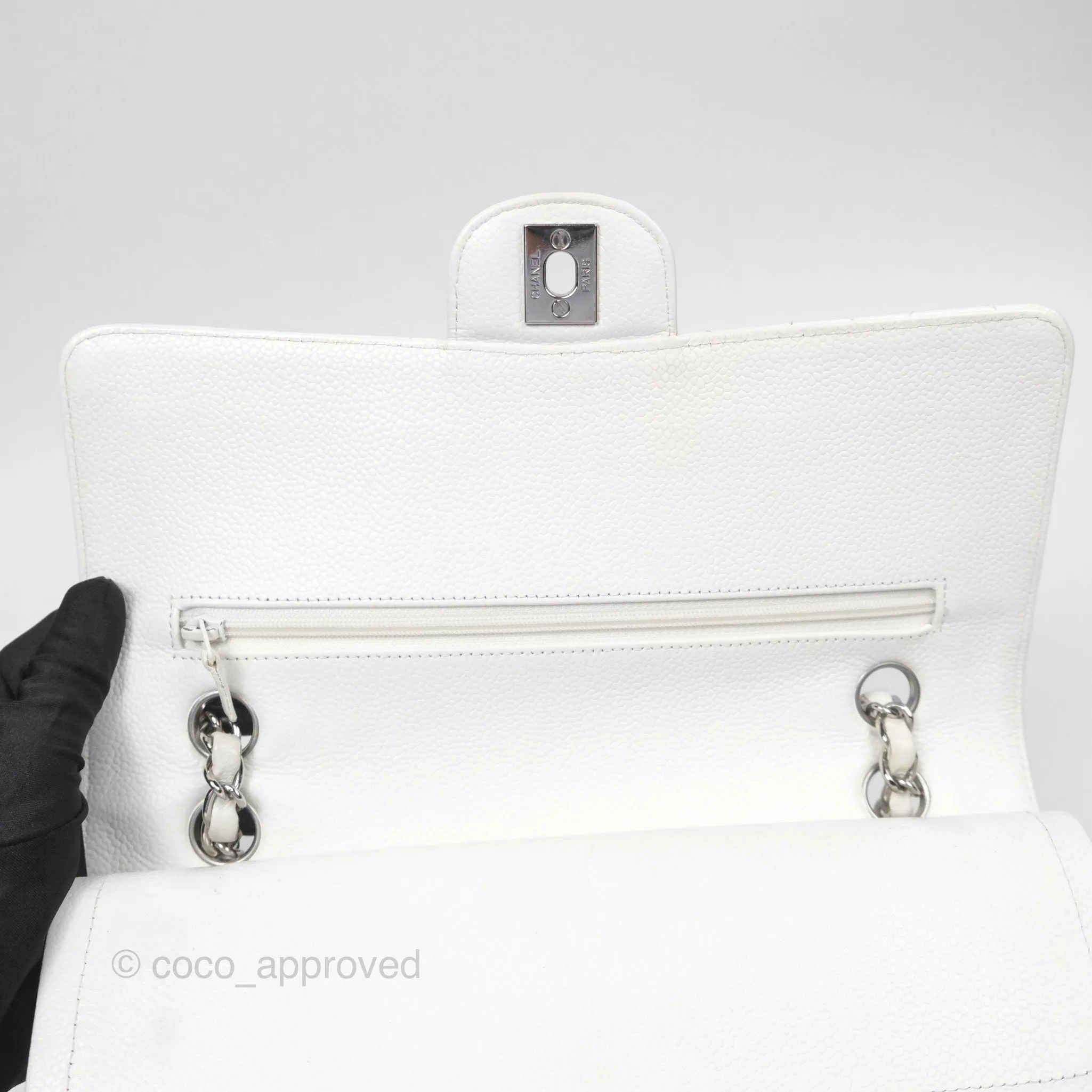 Chanel Classic M/L Medium Flap Quilted White Caviar Silver Hardware
