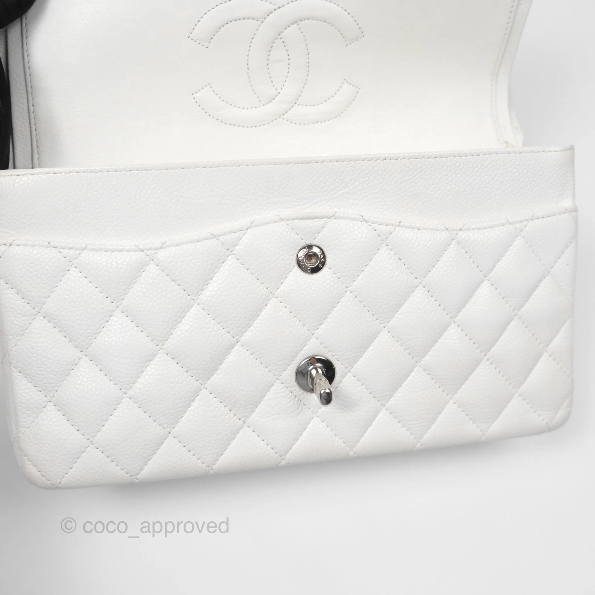 Chanel Classic M/L Medium Flap Quilted White Caviar Silver Hardware