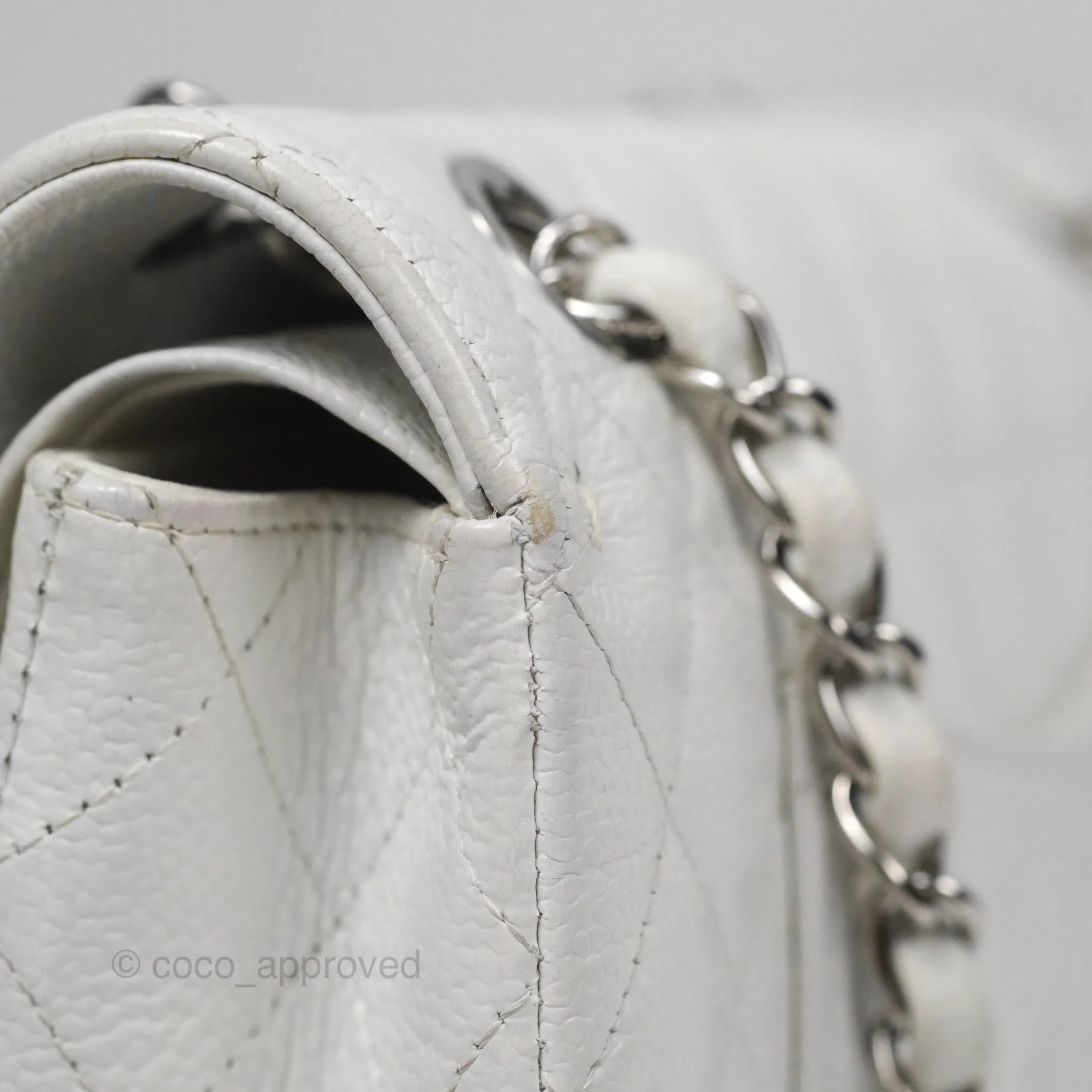 Chanel Classic M/L Medium Flap Quilted White Caviar Silver Hardware