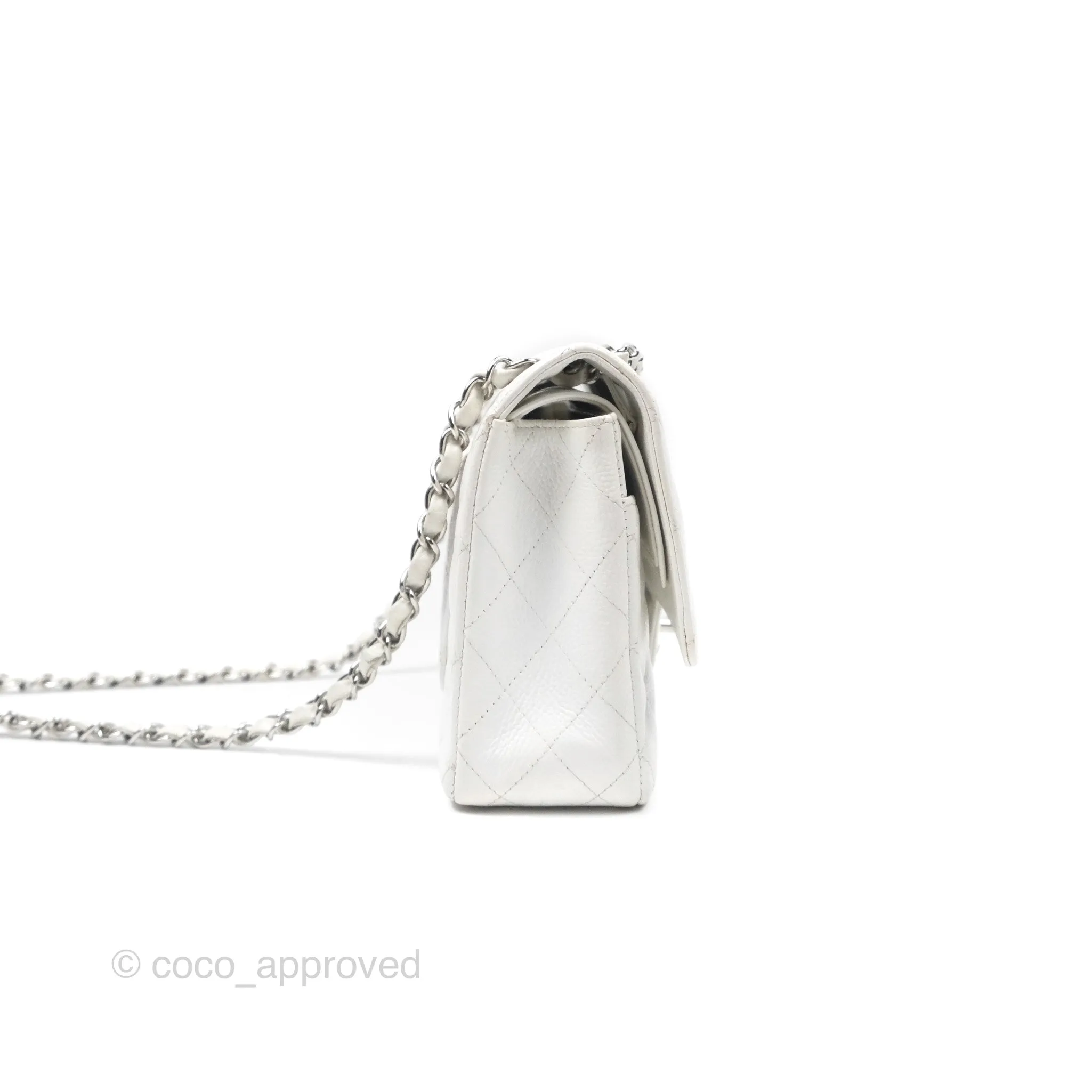 Chanel Classic M/L Medium Flap Quilted White Caviar Silver Hardware