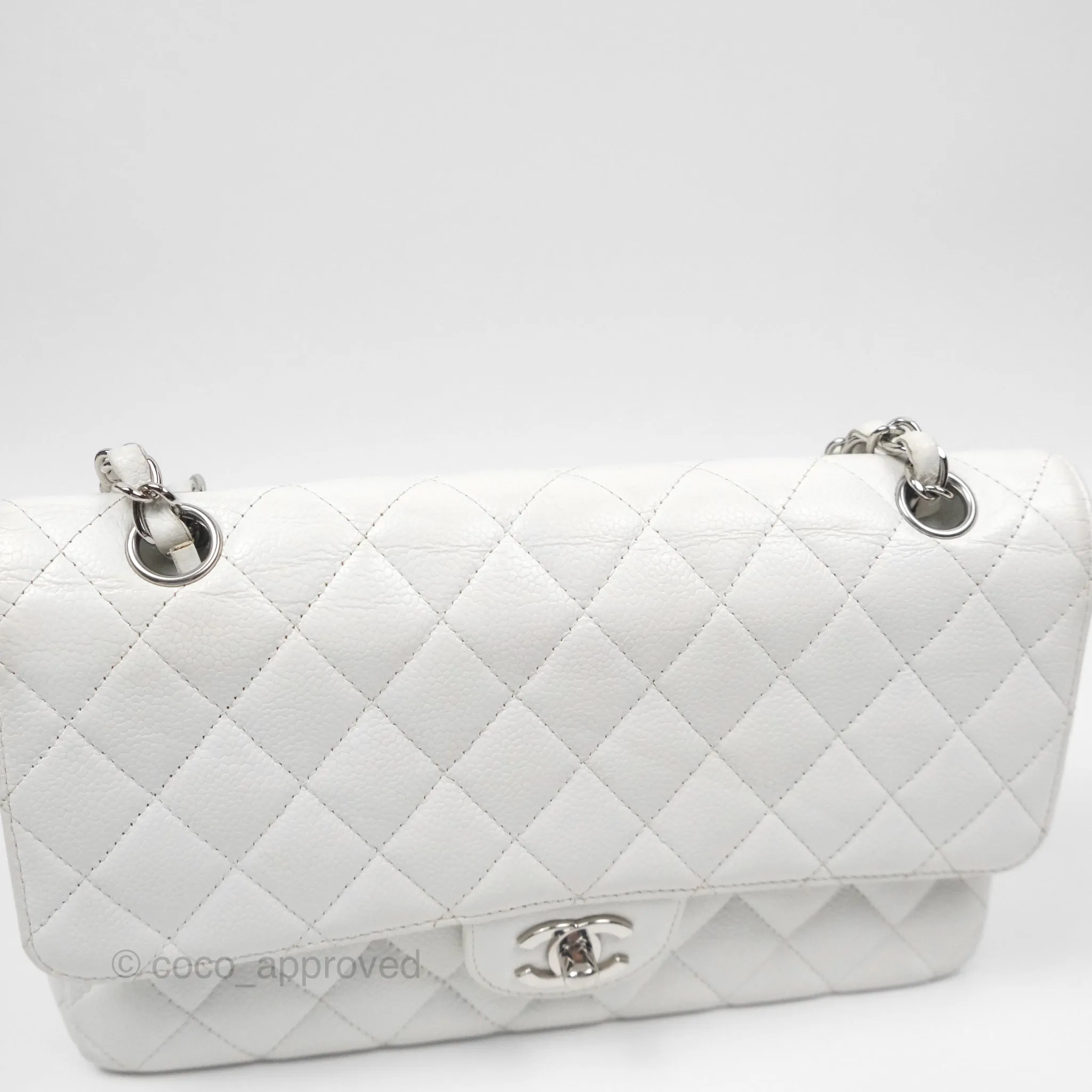 Chanel Classic M/L Medium Flap Quilted White Caviar Silver Hardware