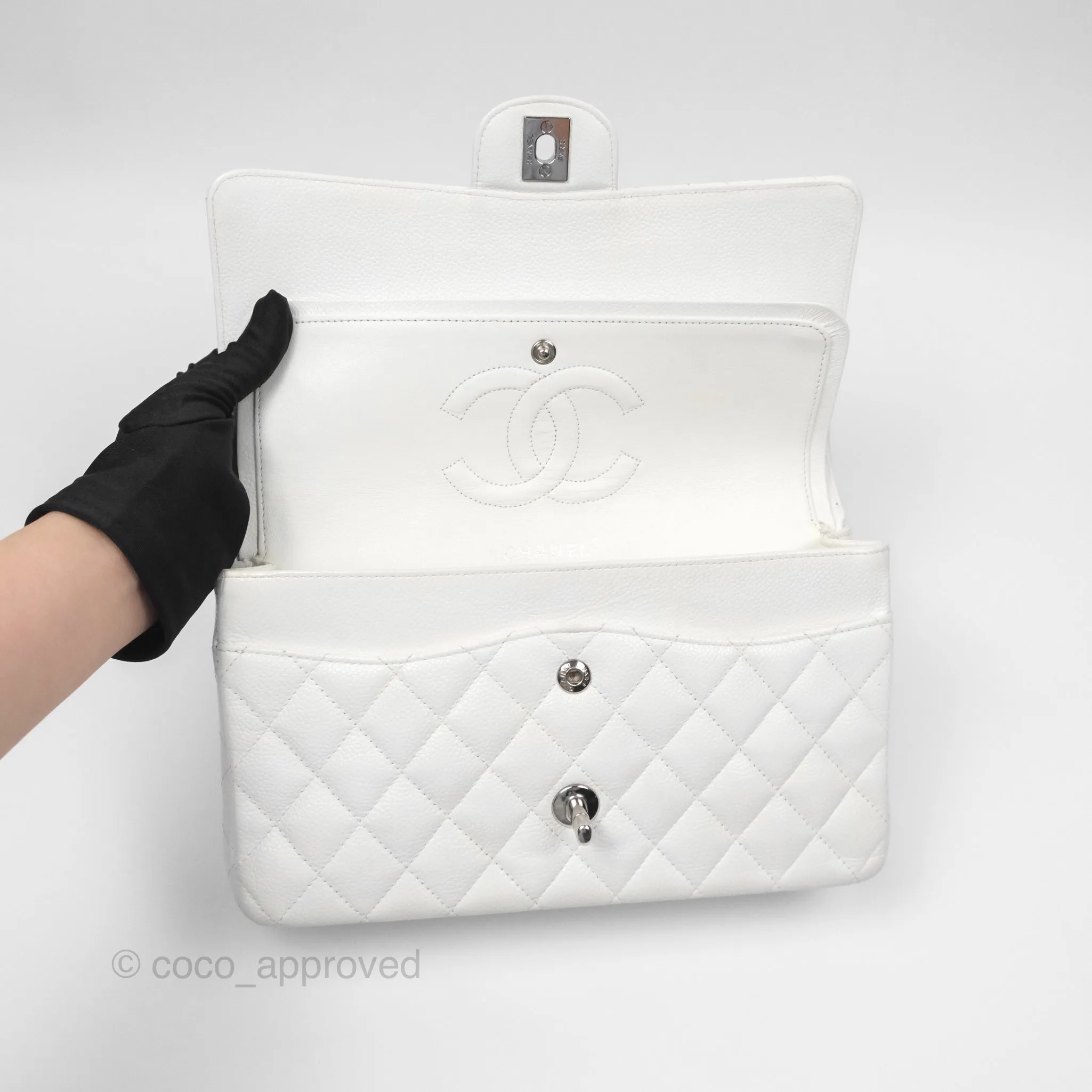 Chanel Classic M/L Medium Flap Quilted White Caviar Silver Hardware