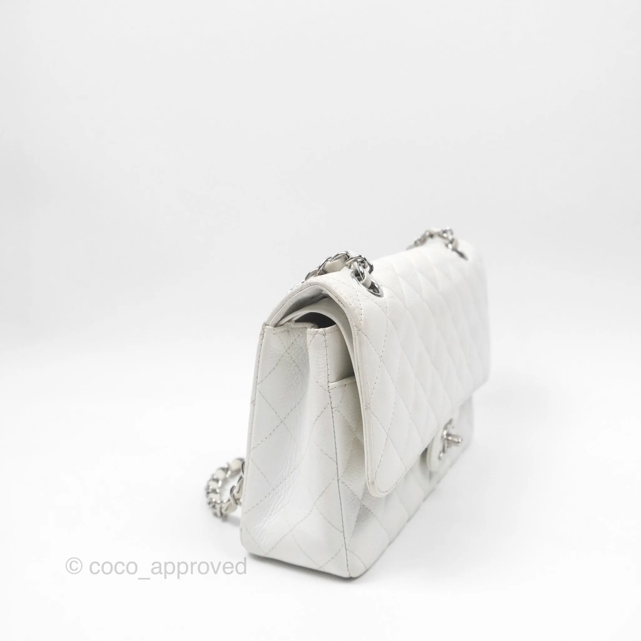 Chanel Classic M/L Medium Flap Quilted White Caviar Silver Hardware