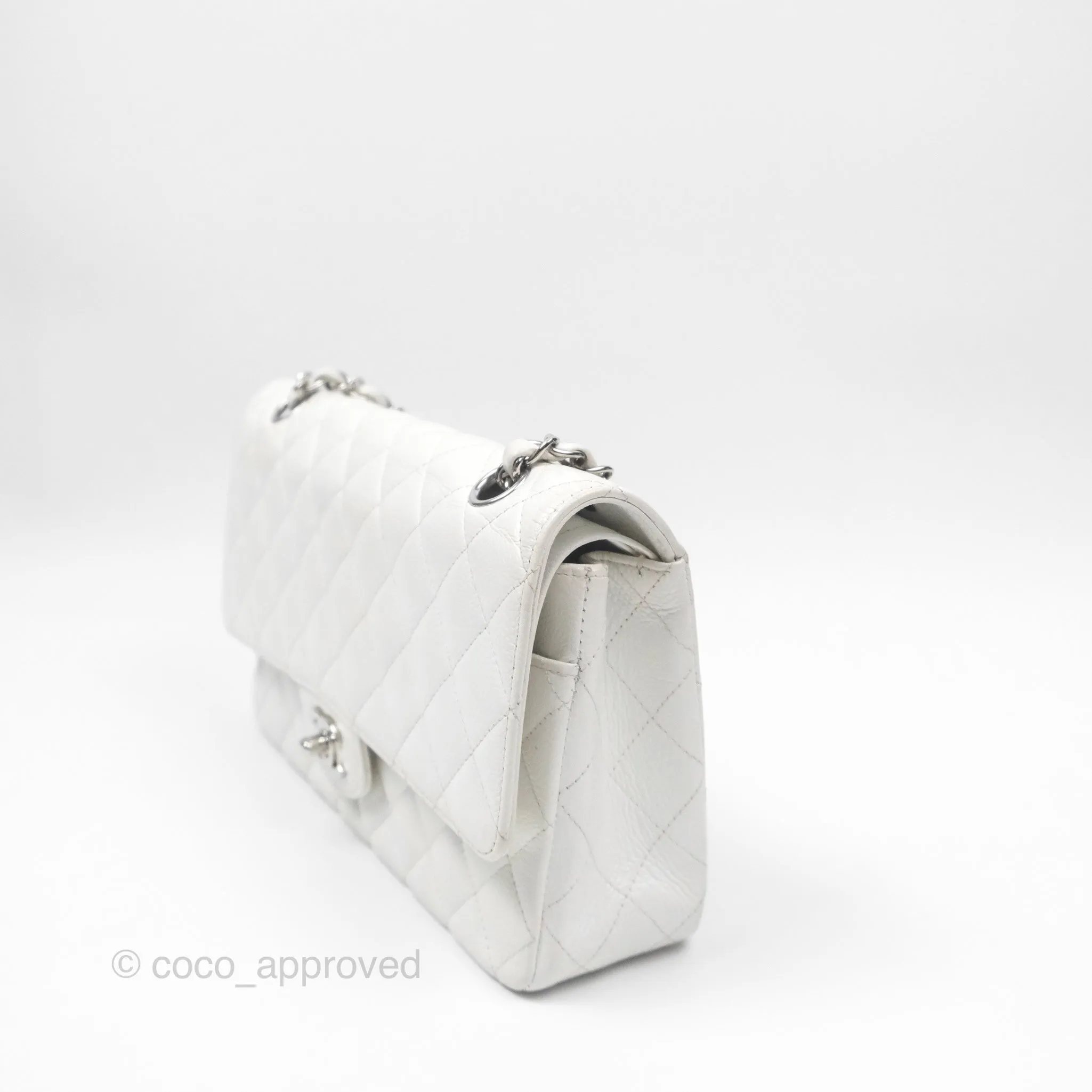 Chanel Classic M/L Medium Flap Quilted White Caviar Silver Hardware