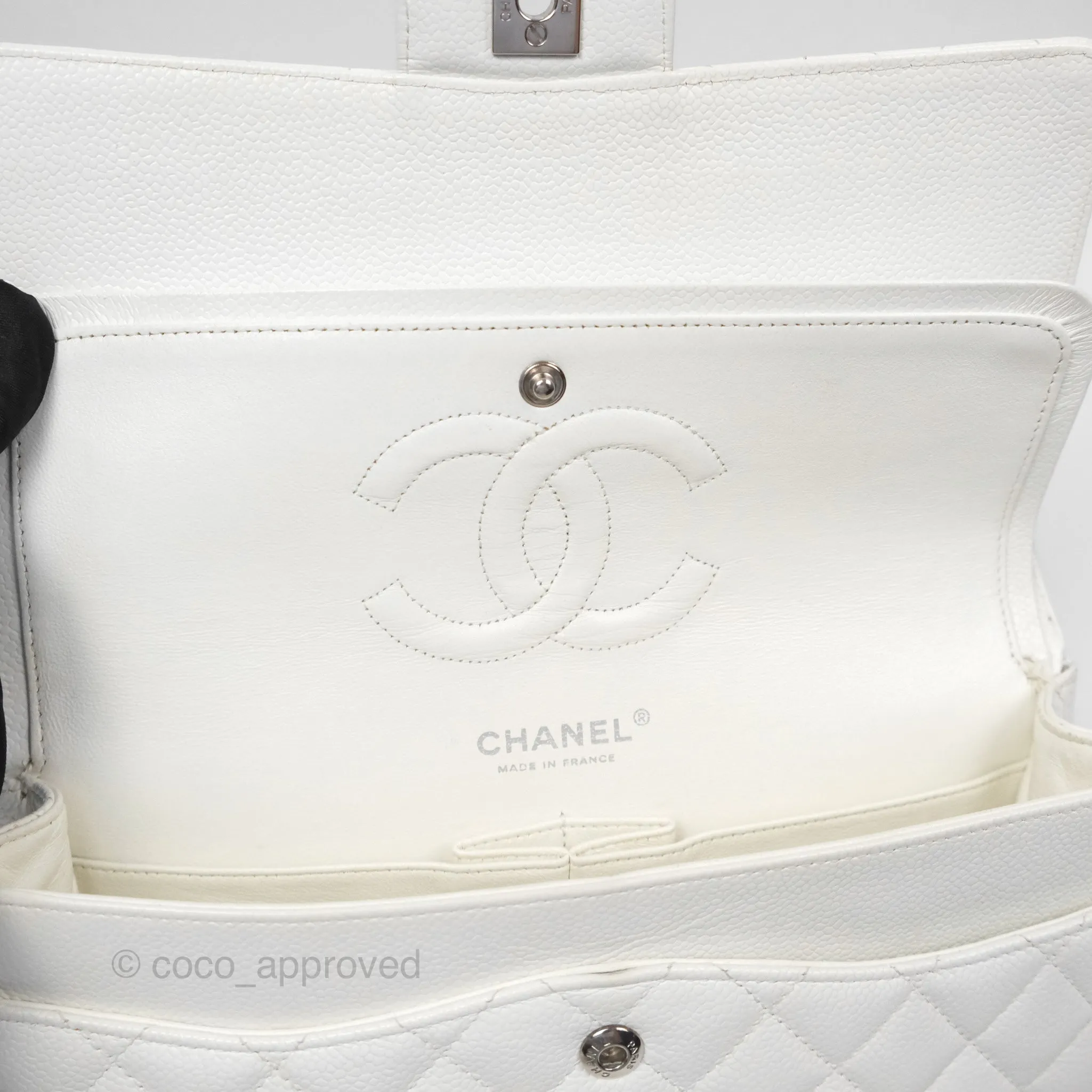 Chanel Classic M/L Medium Flap Quilted White Caviar Silver Hardware