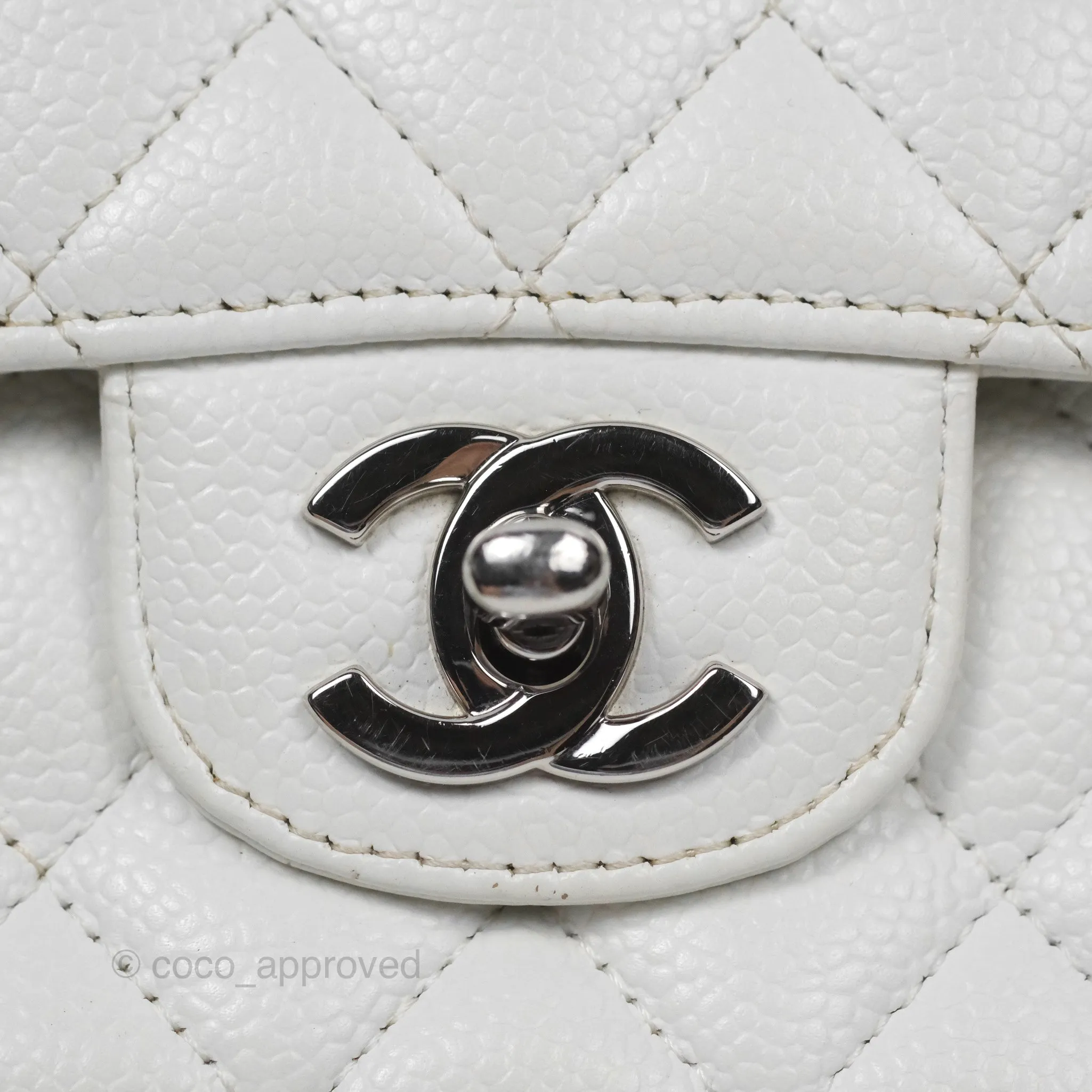 Chanel Classic M/L Medium Flap Quilted White Caviar Silver Hardware