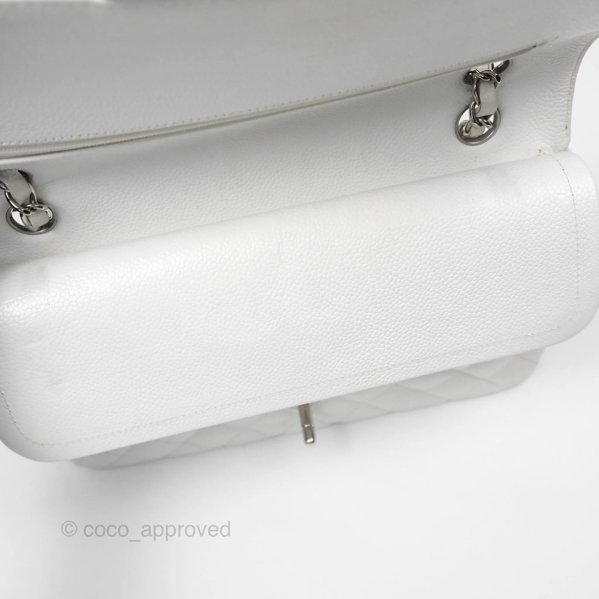 Chanel Classic M/L Medium Flap Quilted White Caviar Silver Hardware