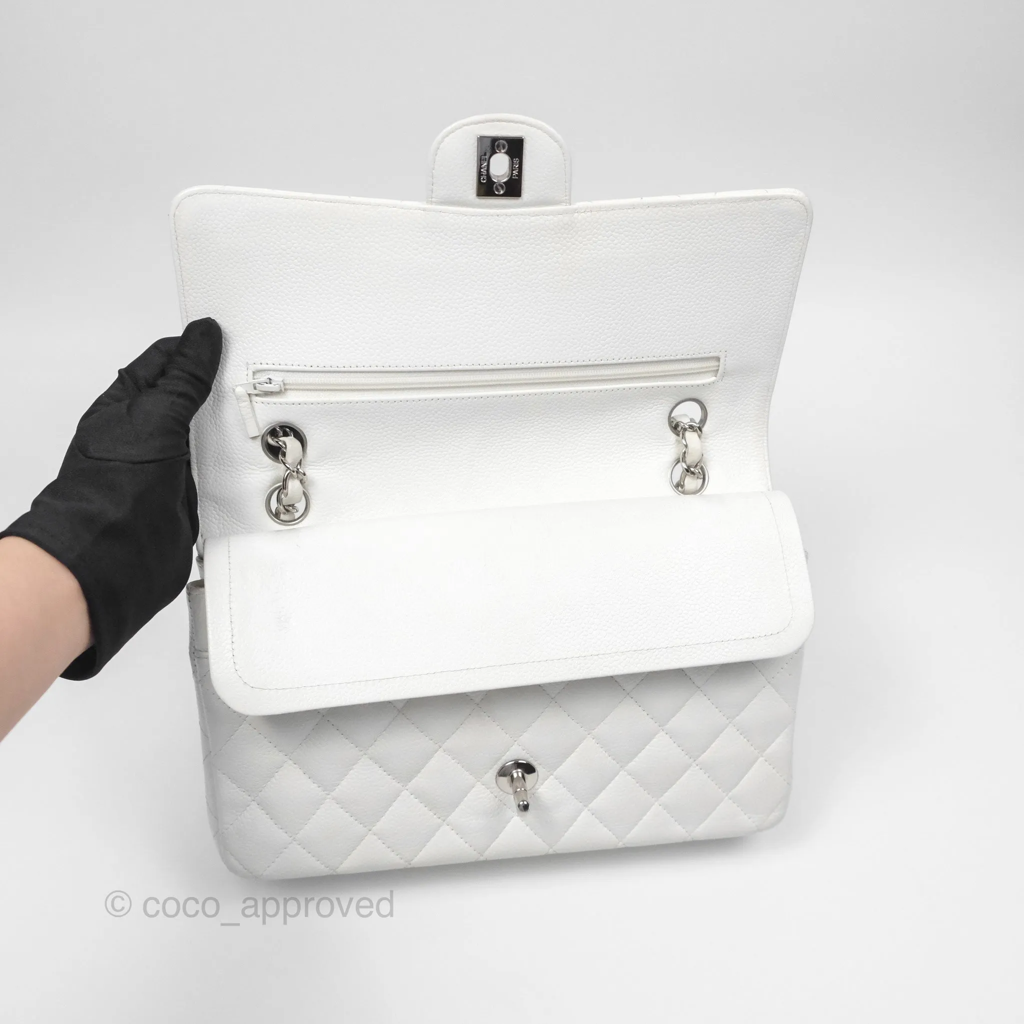 Chanel Classic M/L Medium Flap Quilted White Caviar Silver Hardware