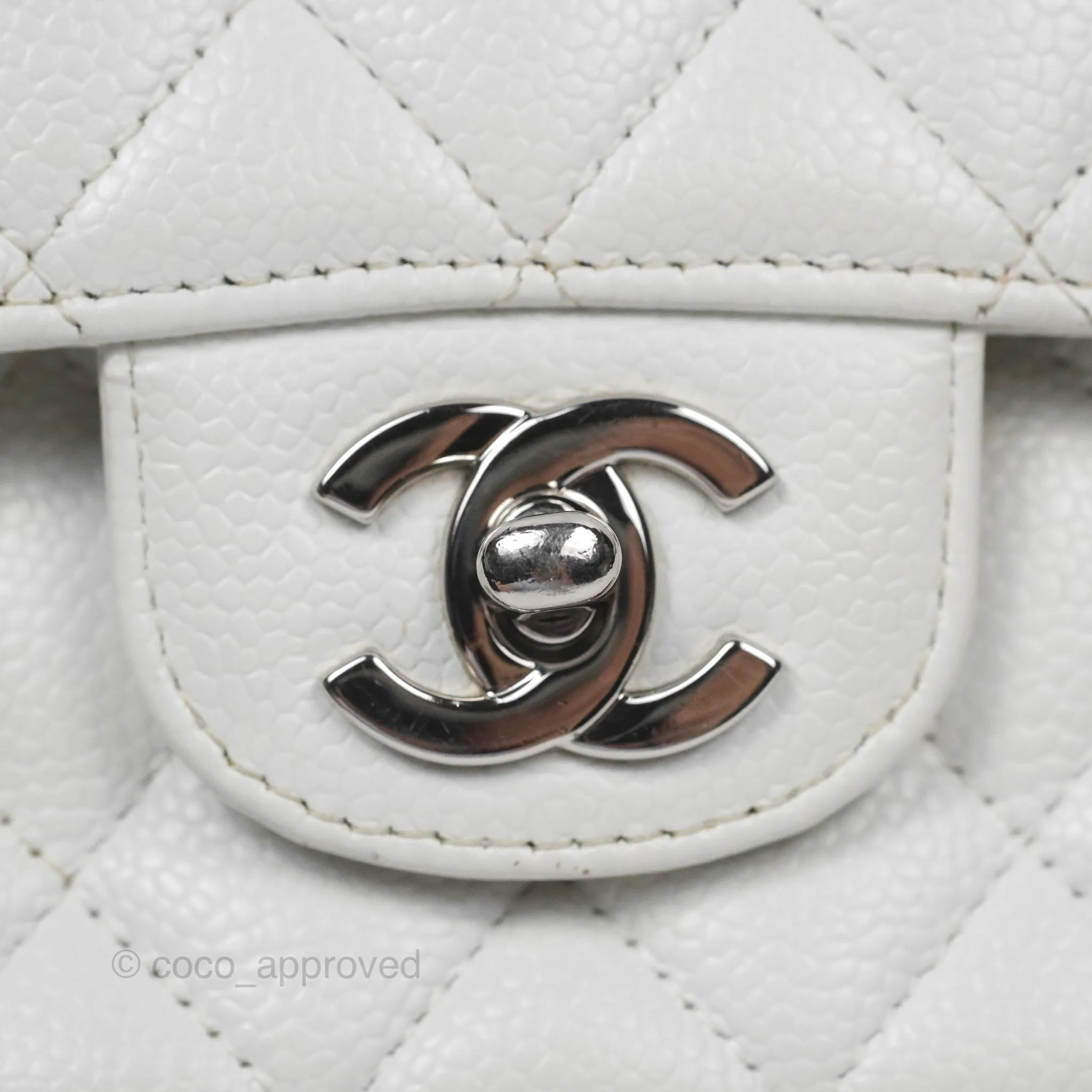 Chanel Classic M/L Medium Flap Quilted White Caviar Silver Hardware