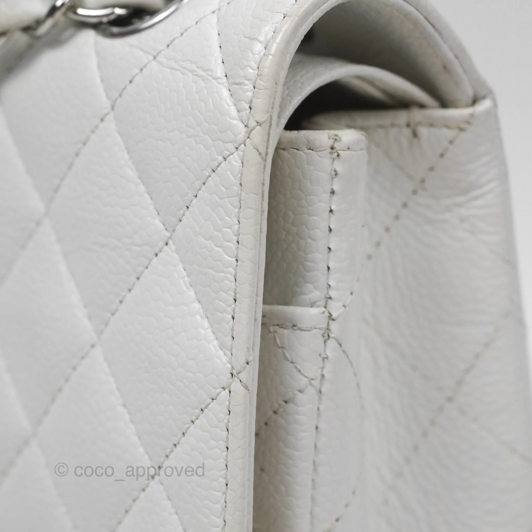 Chanel Classic M/L Medium Flap Quilted White Caviar Silver Hardware