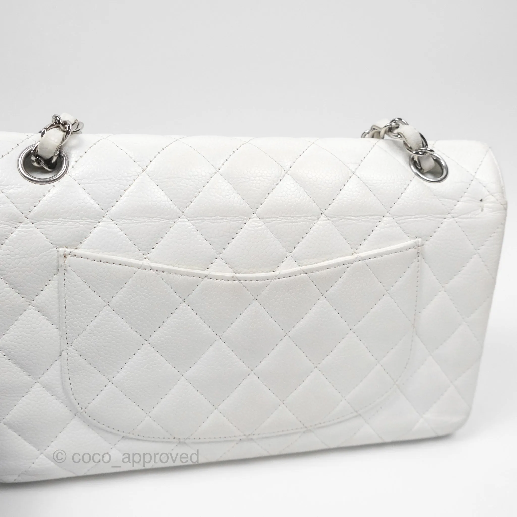 Chanel Classic M/L Medium Flap Quilted White Caviar Silver Hardware