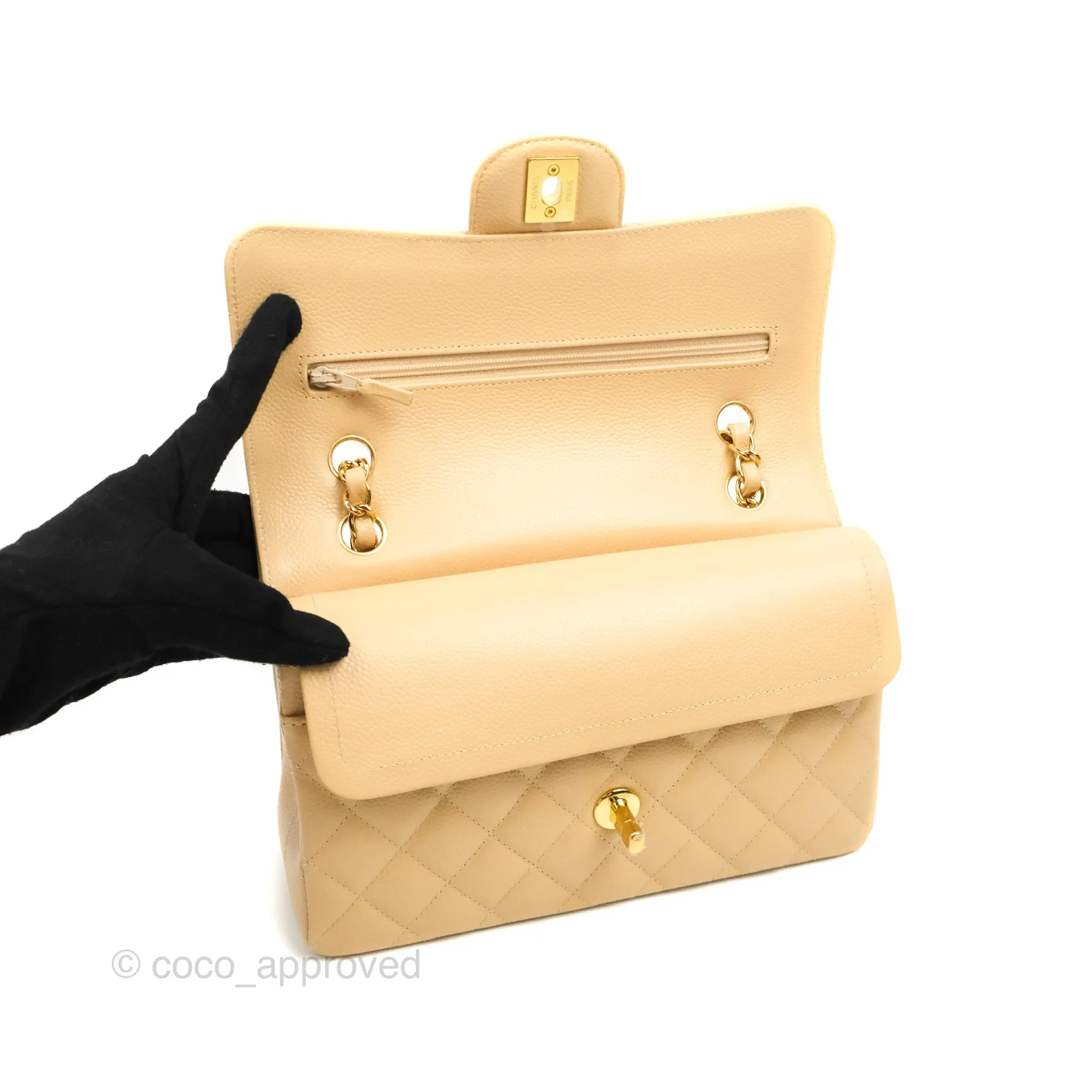 Chanel Classic Small S/M Quilted Flap Beige Caviar Gold Hardware