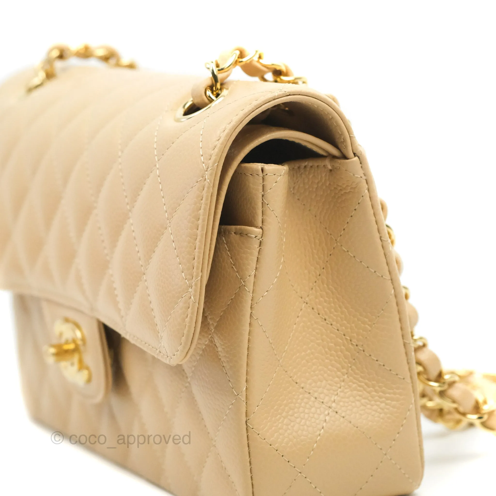 Chanel Classic Small S/M Quilted Flap Beige Caviar Gold Hardware