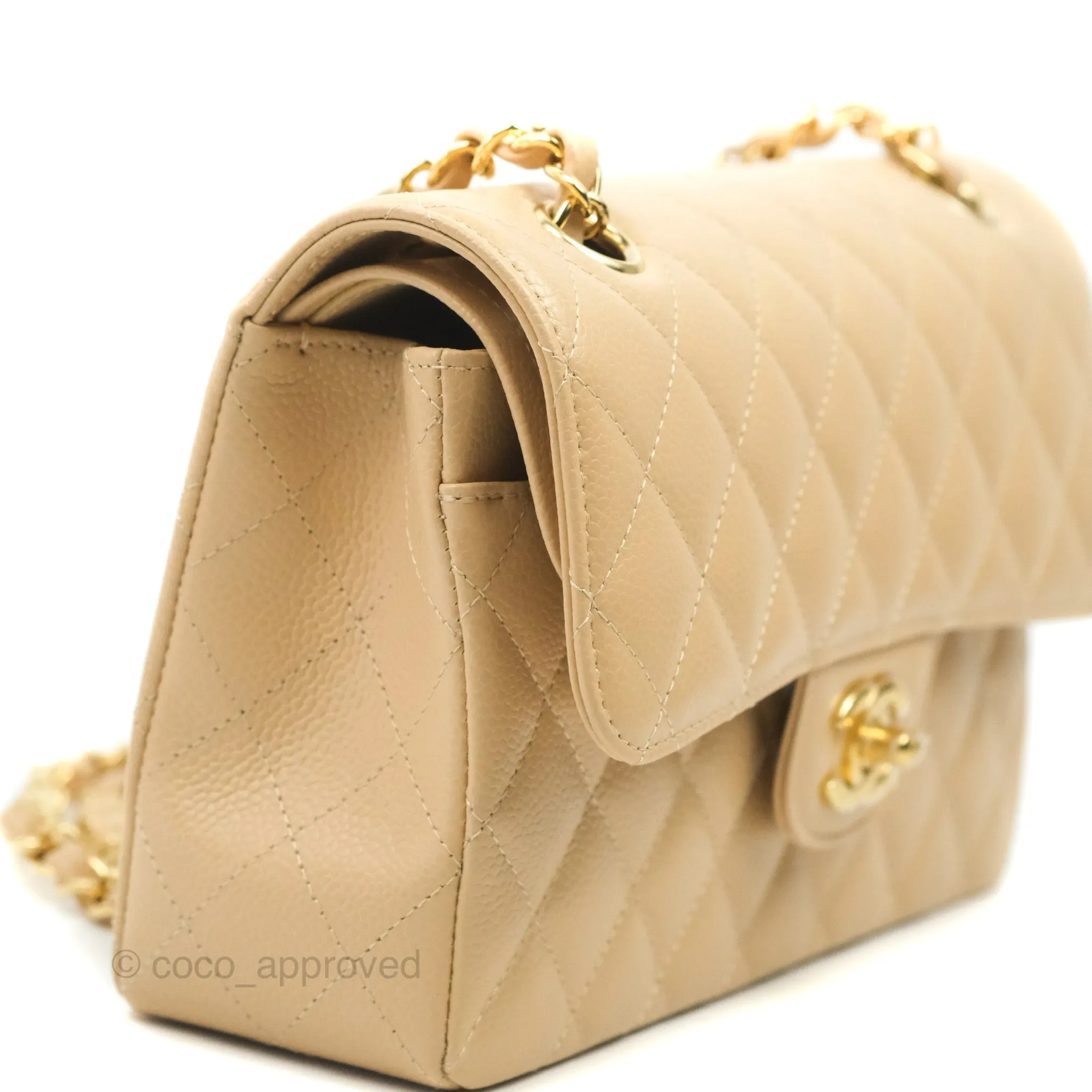 Chanel Classic Small S/M Quilted Flap Beige Caviar Gold Hardware