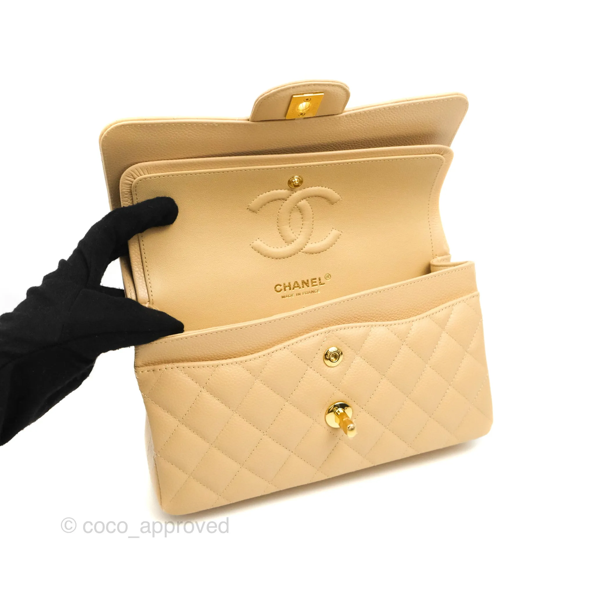 Chanel Classic Small S/M Quilted Flap Beige Caviar Gold Hardware