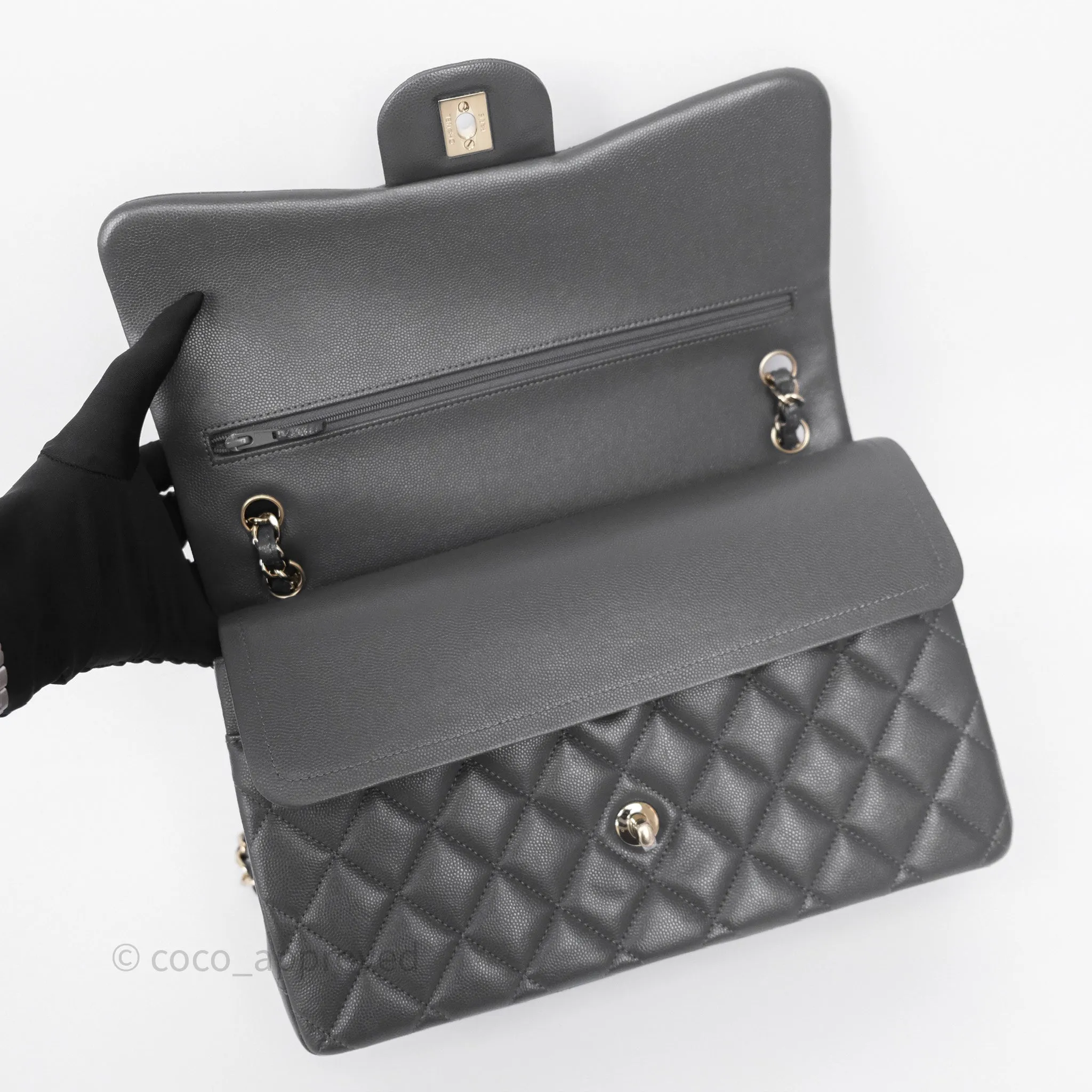 Chanel Jumbo Classic Double Flap Quilted Dark Grey Caviar Gold Hardware⁣⁣