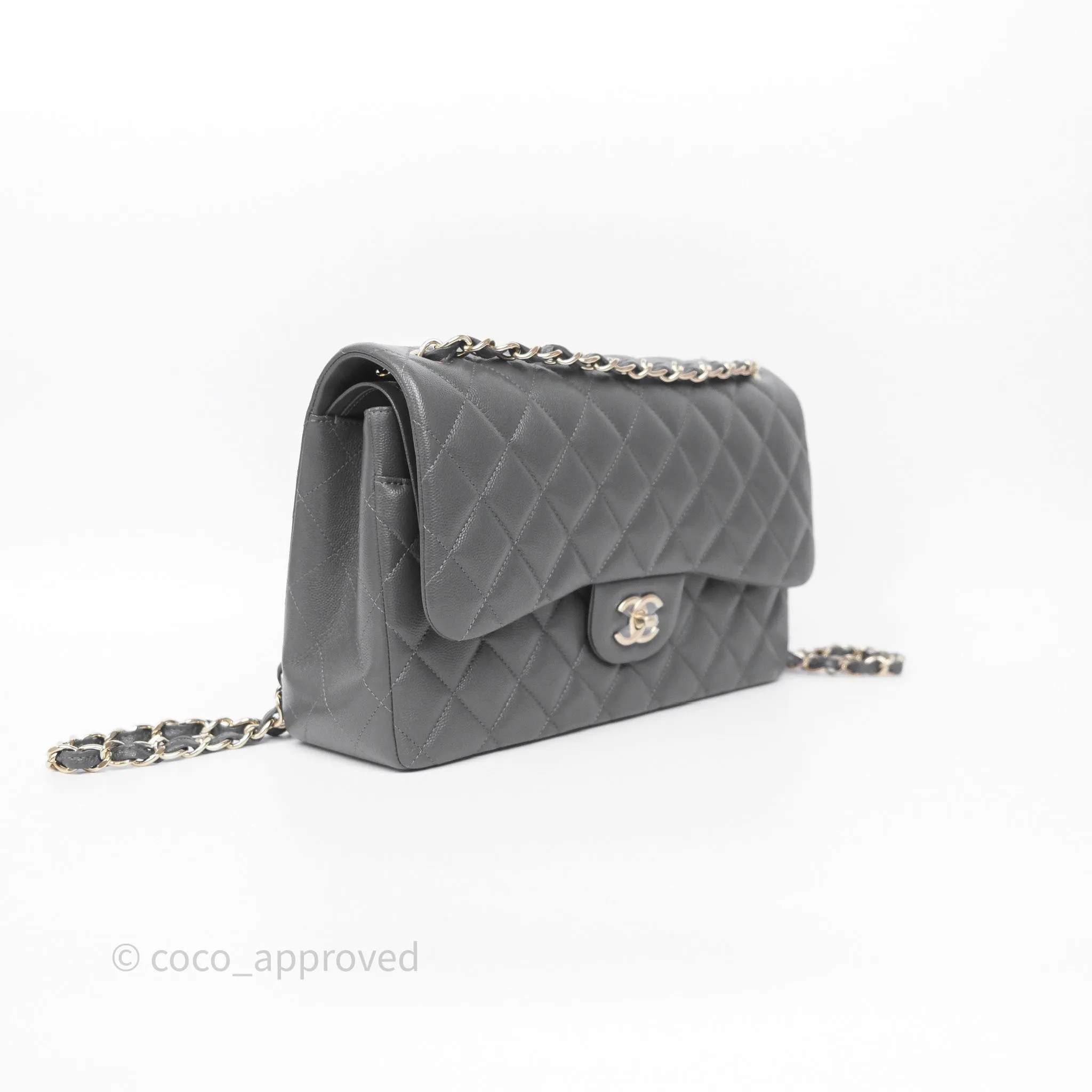 Chanel Jumbo Classic Double Flap Quilted Dark Grey Caviar Gold Hardware⁣⁣