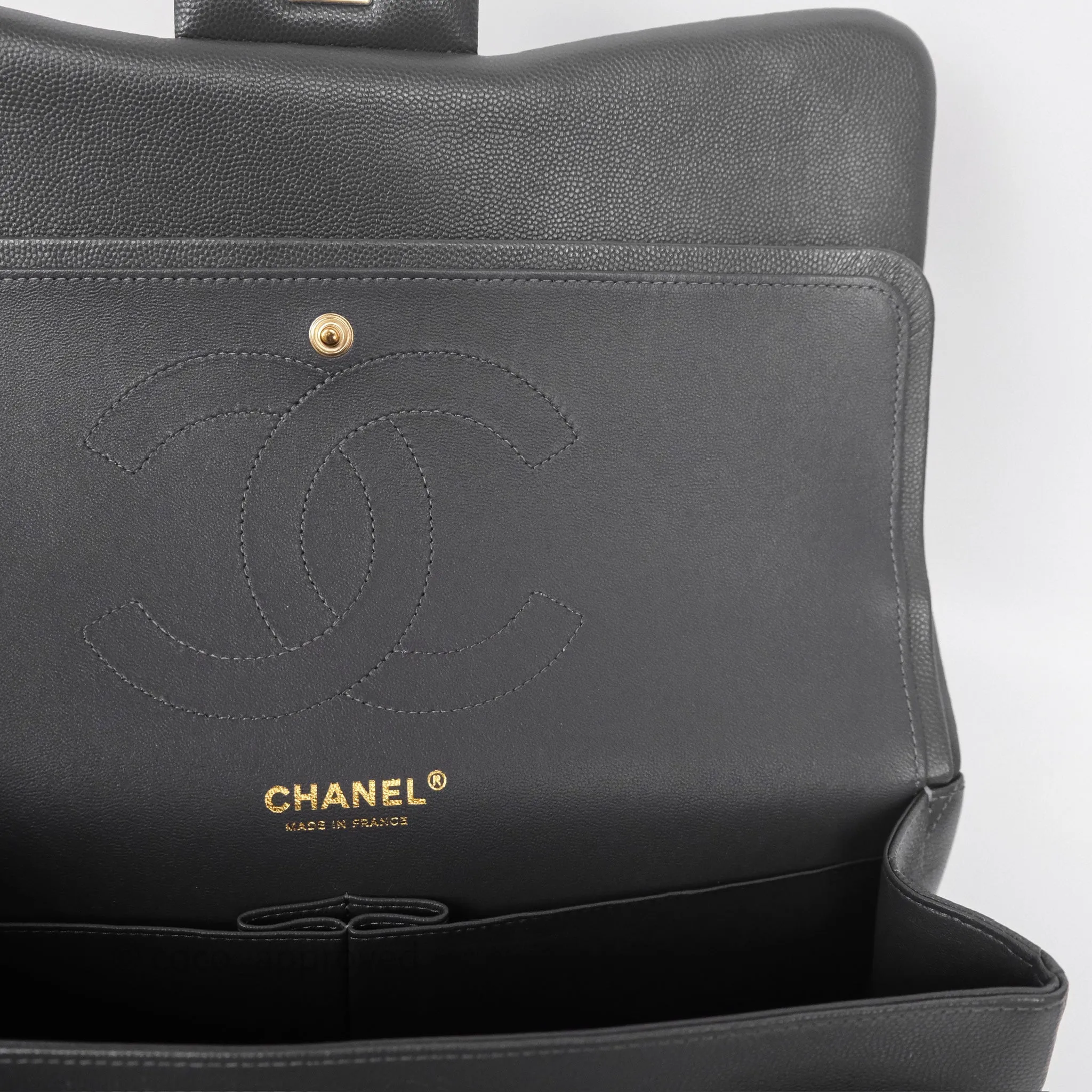 Chanel Jumbo Classic Double Flap Quilted Dark Grey Caviar Gold Hardware⁣⁣