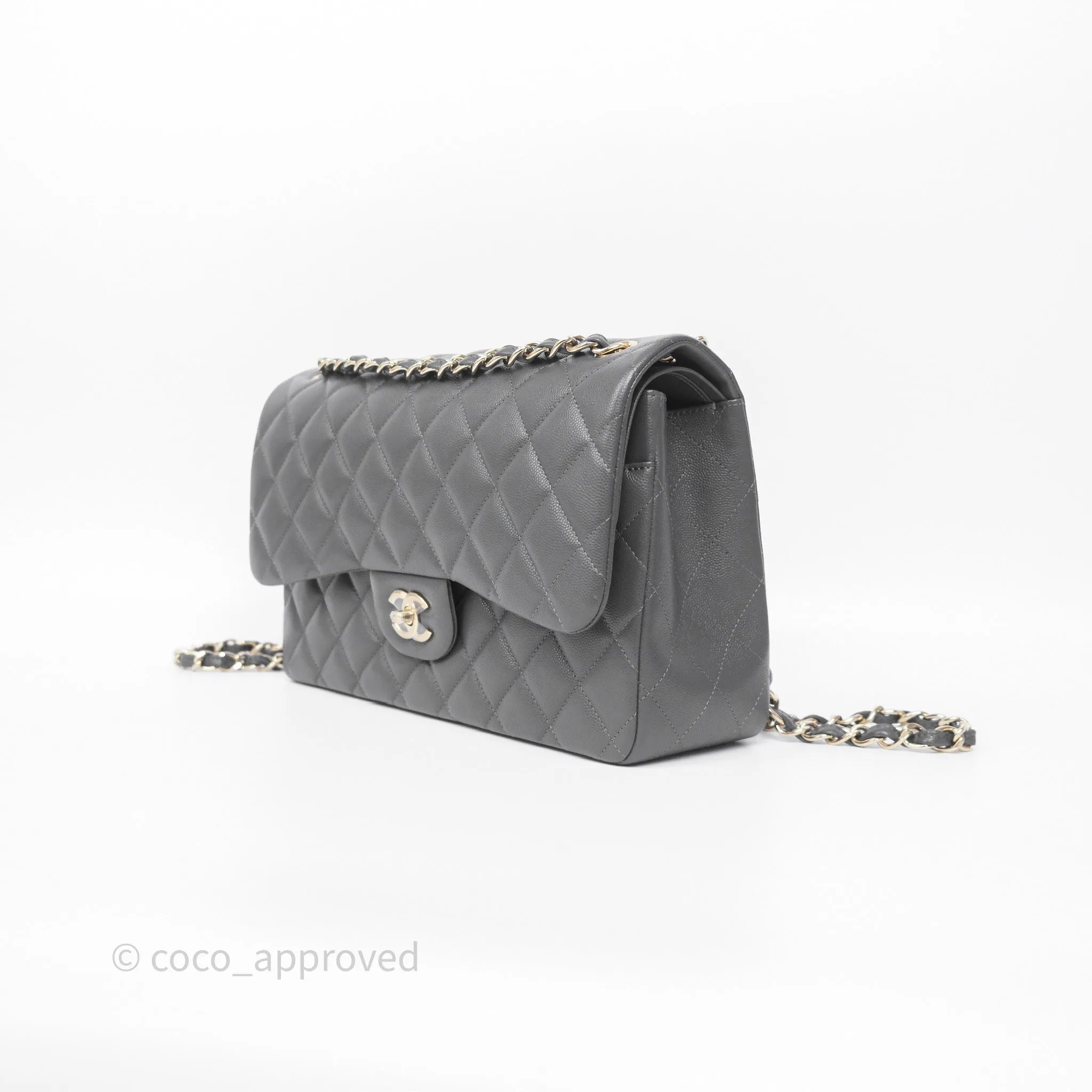 Chanel Jumbo Classic Double Flap Quilted Dark Grey Caviar Gold Hardware⁣⁣