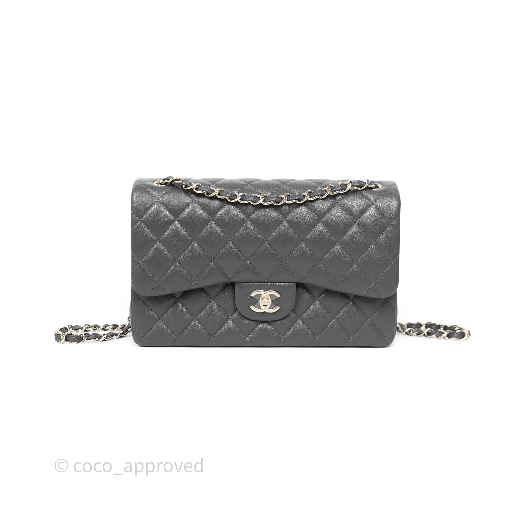 Chanel Jumbo Classic Double Flap Quilted Dark Grey Caviar Gold Hardware⁣⁣