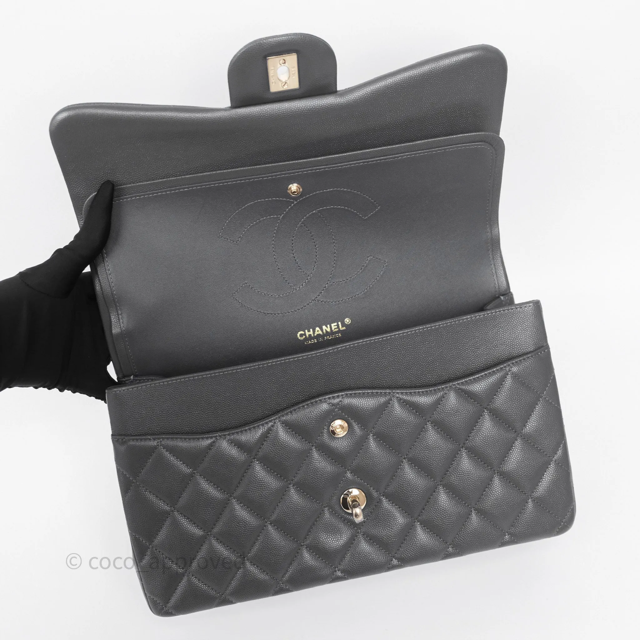 Chanel Jumbo Classic Double Flap Quilted Dark Grey Caviar Gold Hardware⁣⁣