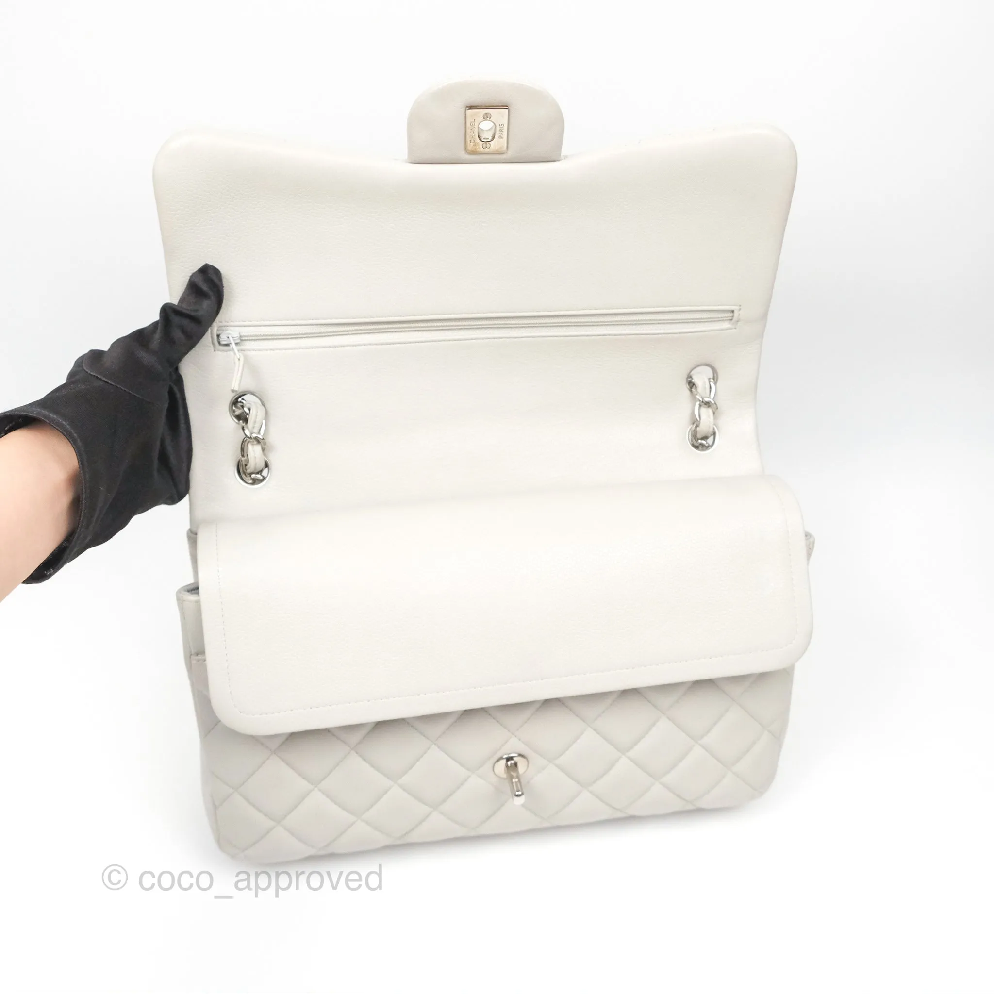 Chanel Jumbo Double Flap Light Grey Caviar Silver Hardware⁣⁣