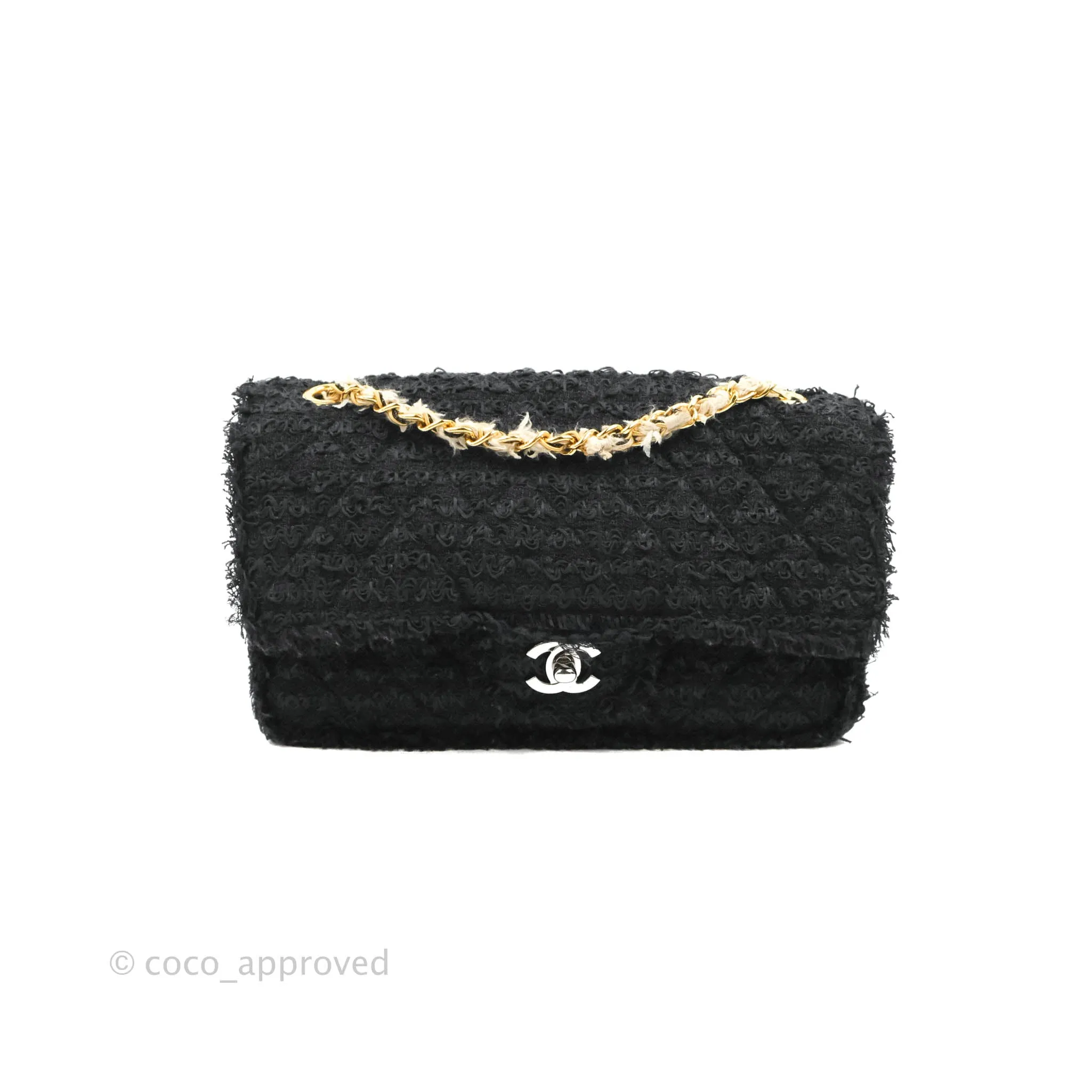 Chanel Medium Classic Double Flap Bag Black Tweed Gold & Gun Metal Hardware
