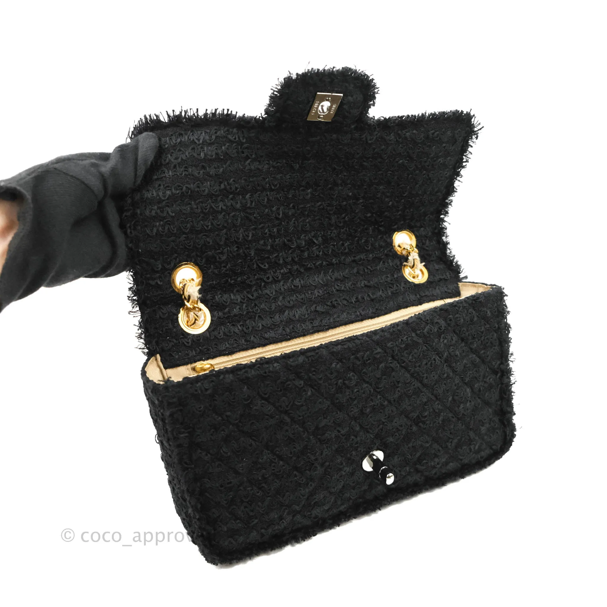 Chanel Medium Classic Double Flap Bag Black Tweed Gold & Gun Metal Hardware