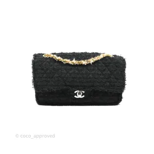 Chanel Medium Classic Double Flap Bag Black Tweed Gold & Gun Metal Hardware