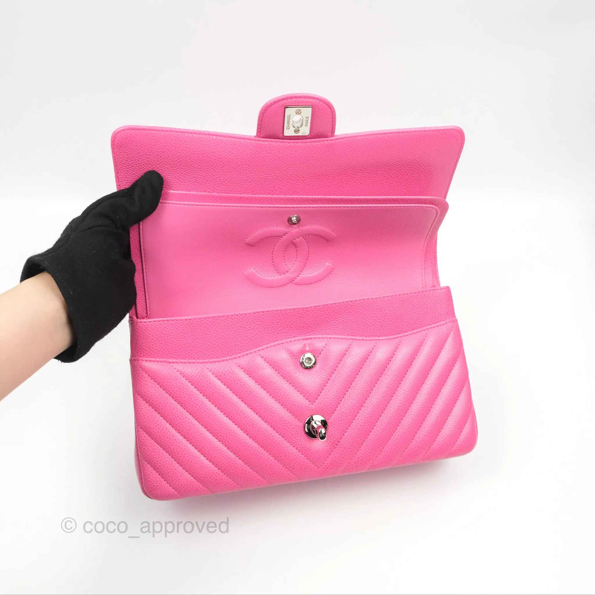 Chanel Medium Classic Flap Chevron Pink Caviar Silver Hardware