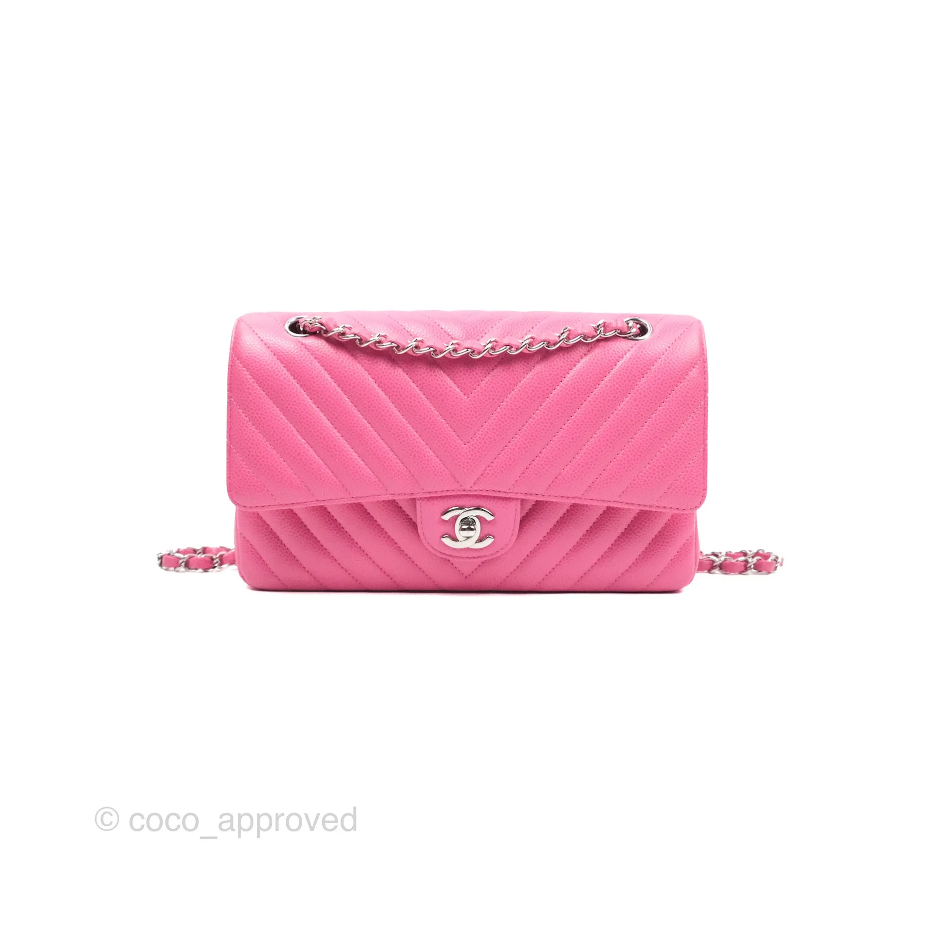 Chanel Medium Classic Flap Chevron Pink Caviar Silver Hardware