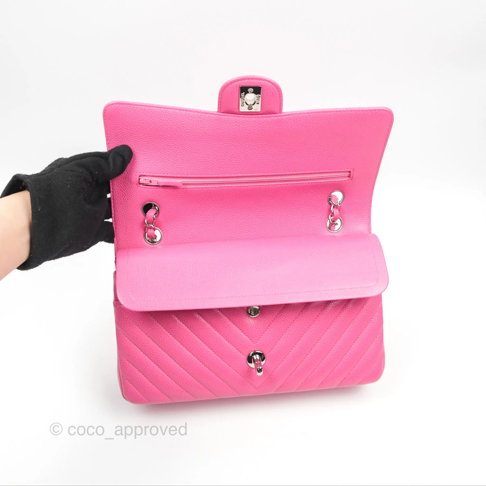 Chanel Medium Classic Flap Chevron Pink Caviar Silver Hardware