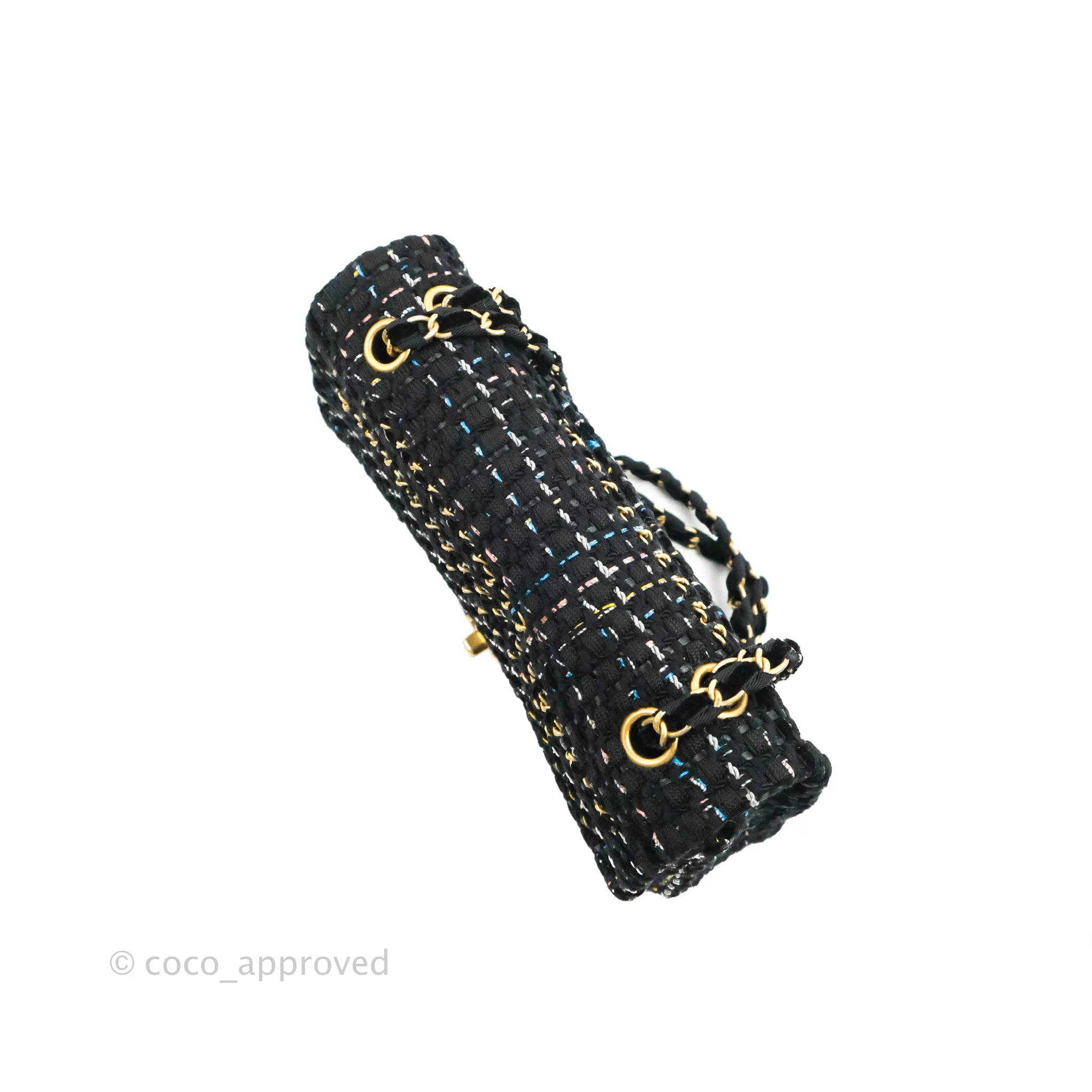 Chanel Medium Single Flap Black Tweed Chain Braid Aged Gold Hardware
