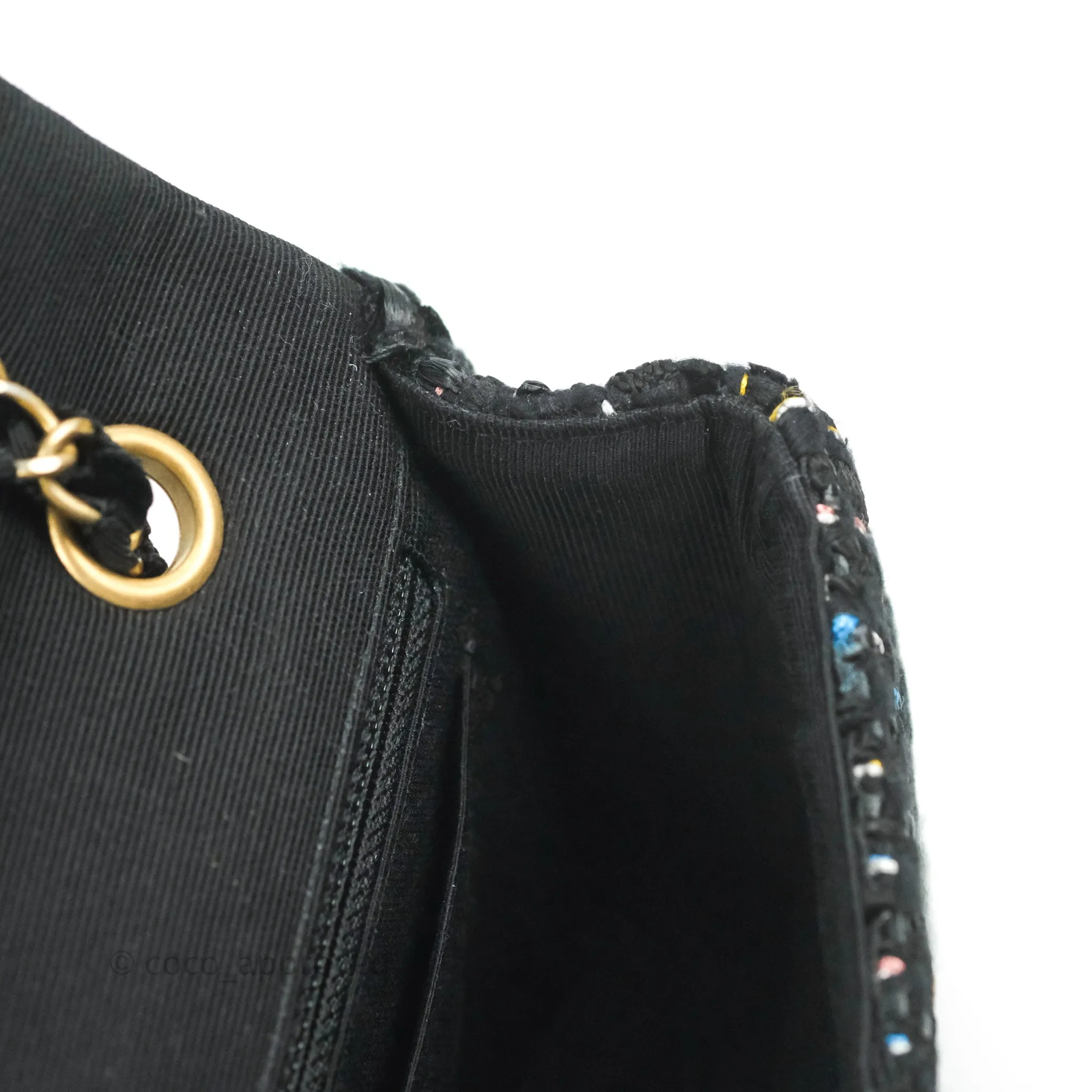 Chanel Medium Single Flap Black Tweed Chain Braid Aged Gold Hardware