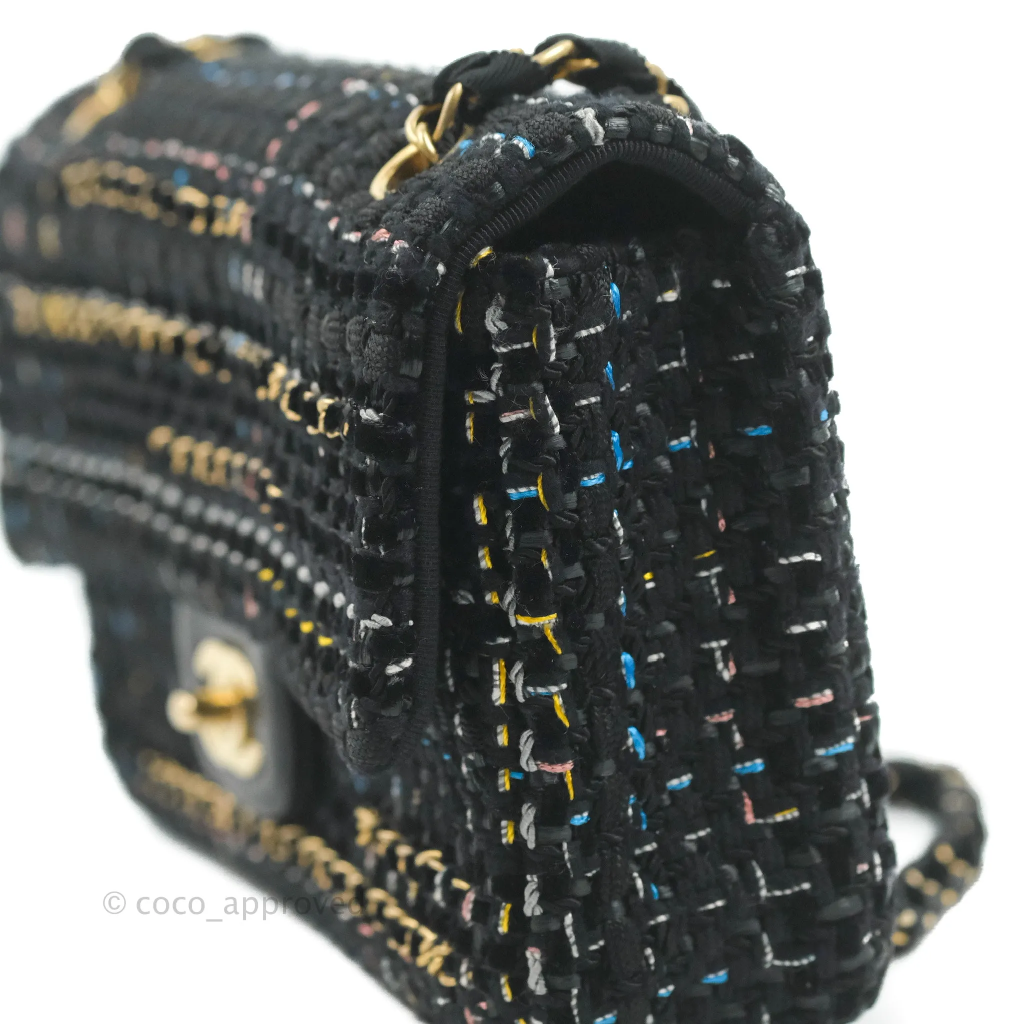 Chanel Medium Single Flap Black Tweed Chain Braid Aged Gold Hardware