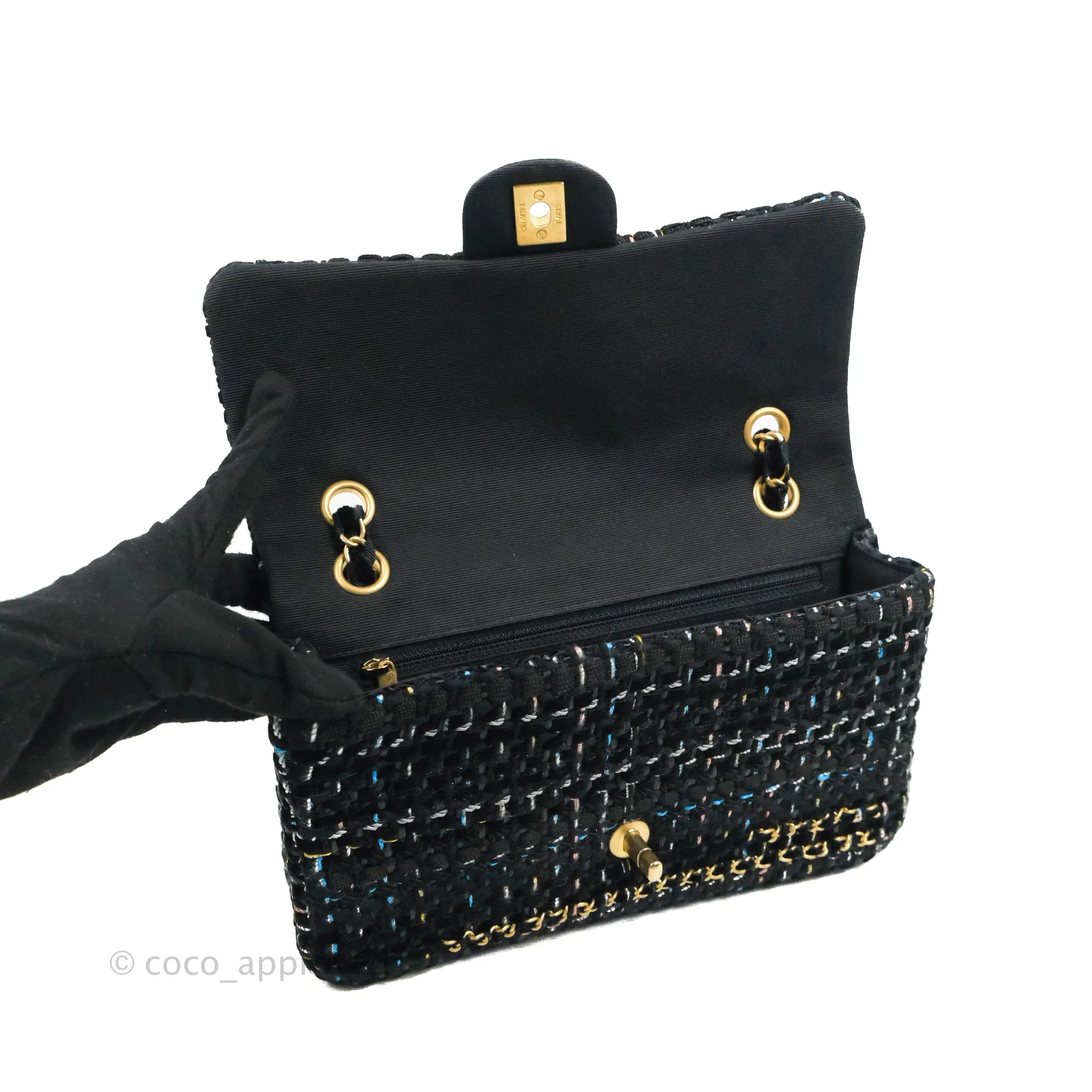 Chanel Medium Single Flap Black Tweed Chain Braid Aged Gold Hardware