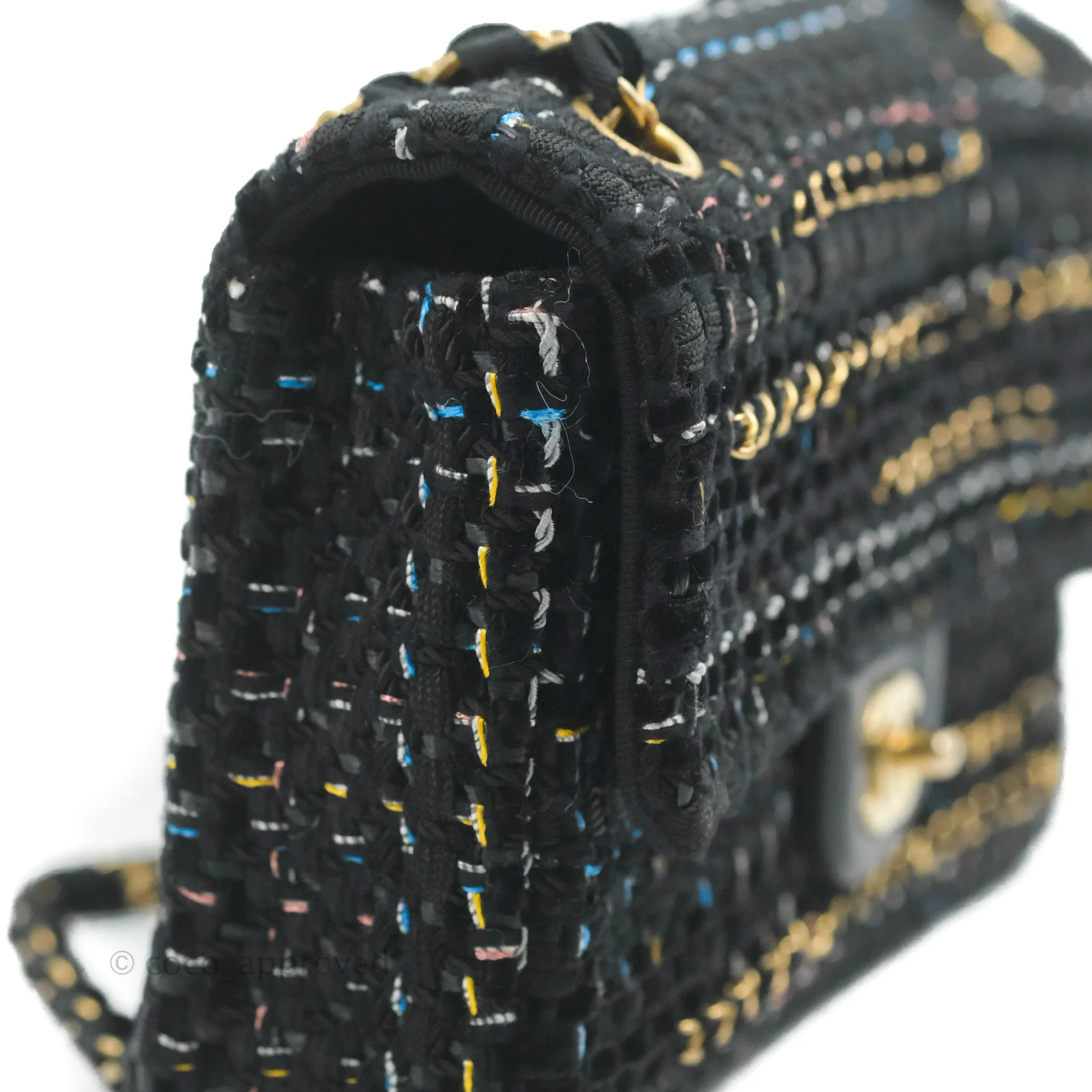 Chanel Medium Single Flap Black Tweed Chain Braid Aged Gold Hardware