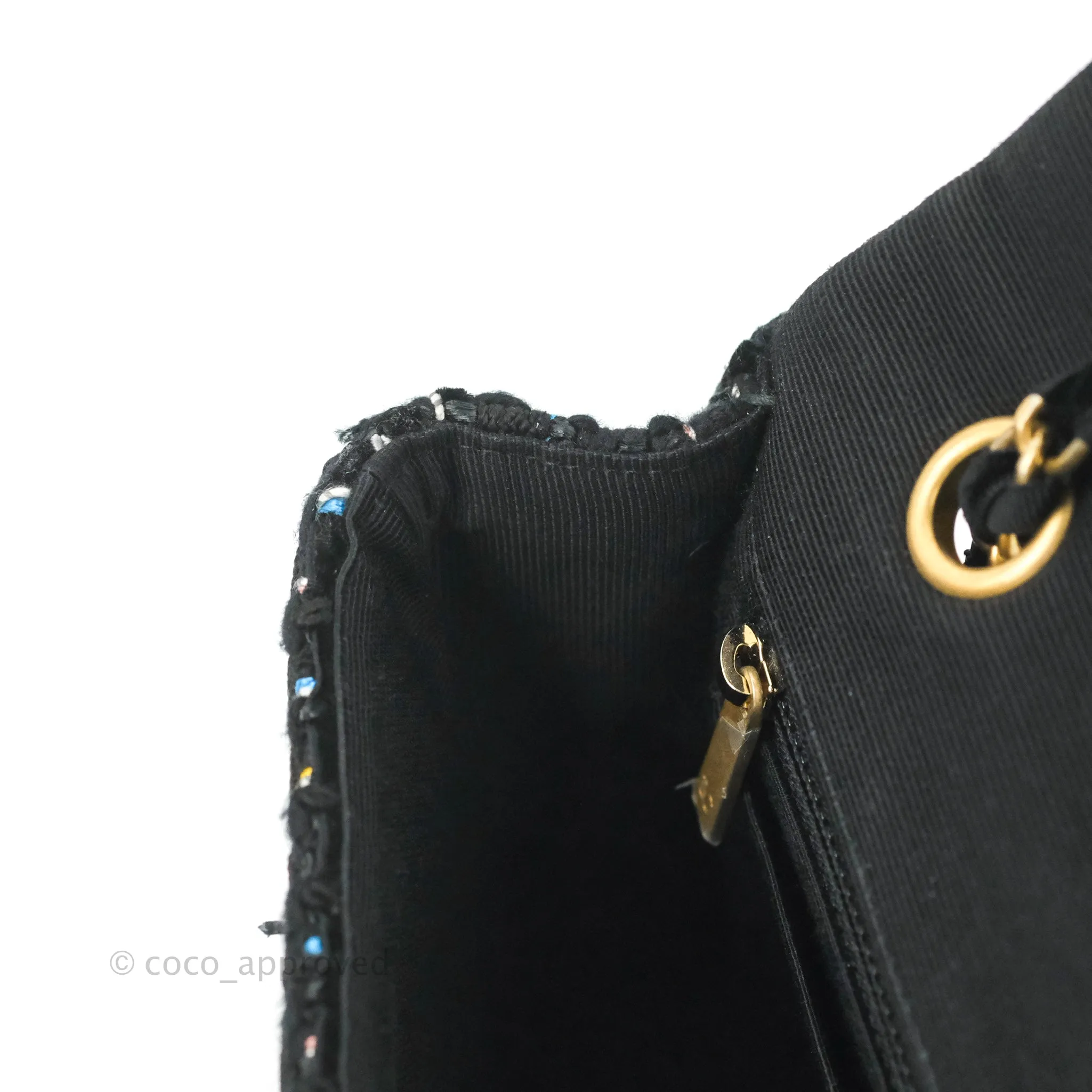 Chanel Medium Single Flap Black Tweed Chain Braid Aged Gold Hardware