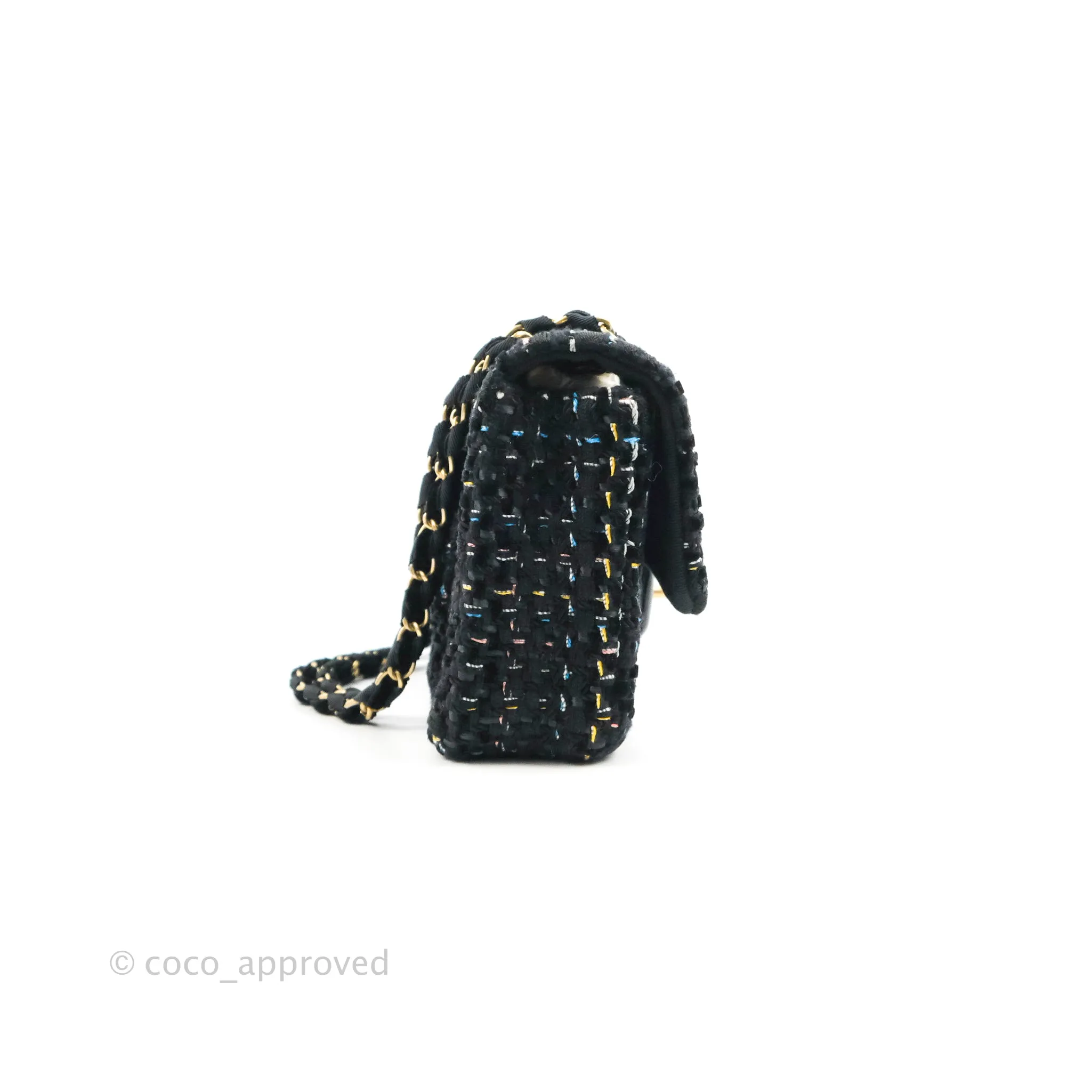 Chanel Medium Single Flap Black Tweed Chain Braid Aged Gold Hardware