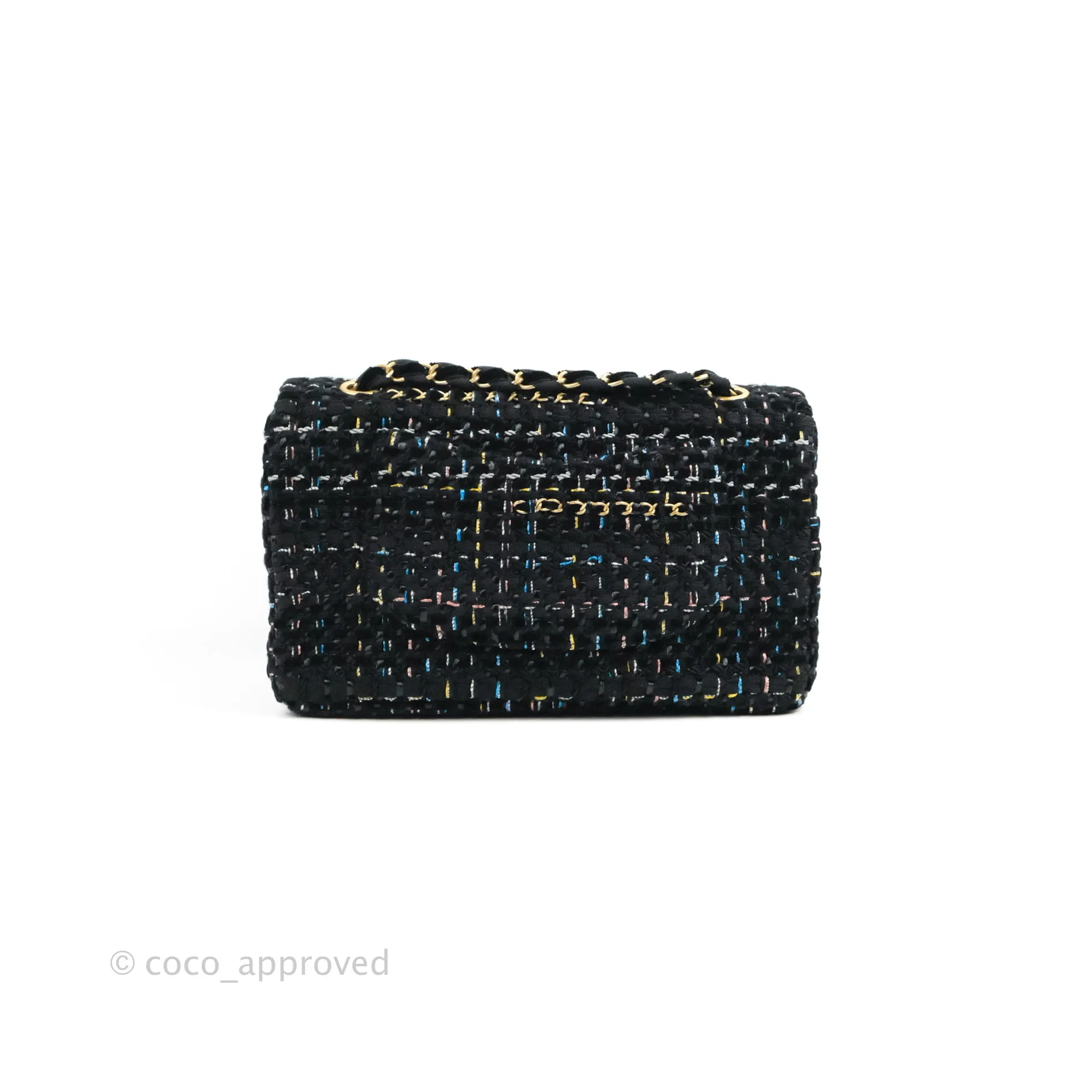 Chanel Medium Single Flap Black Tweed Chain Braid Aged Gold Hardware
