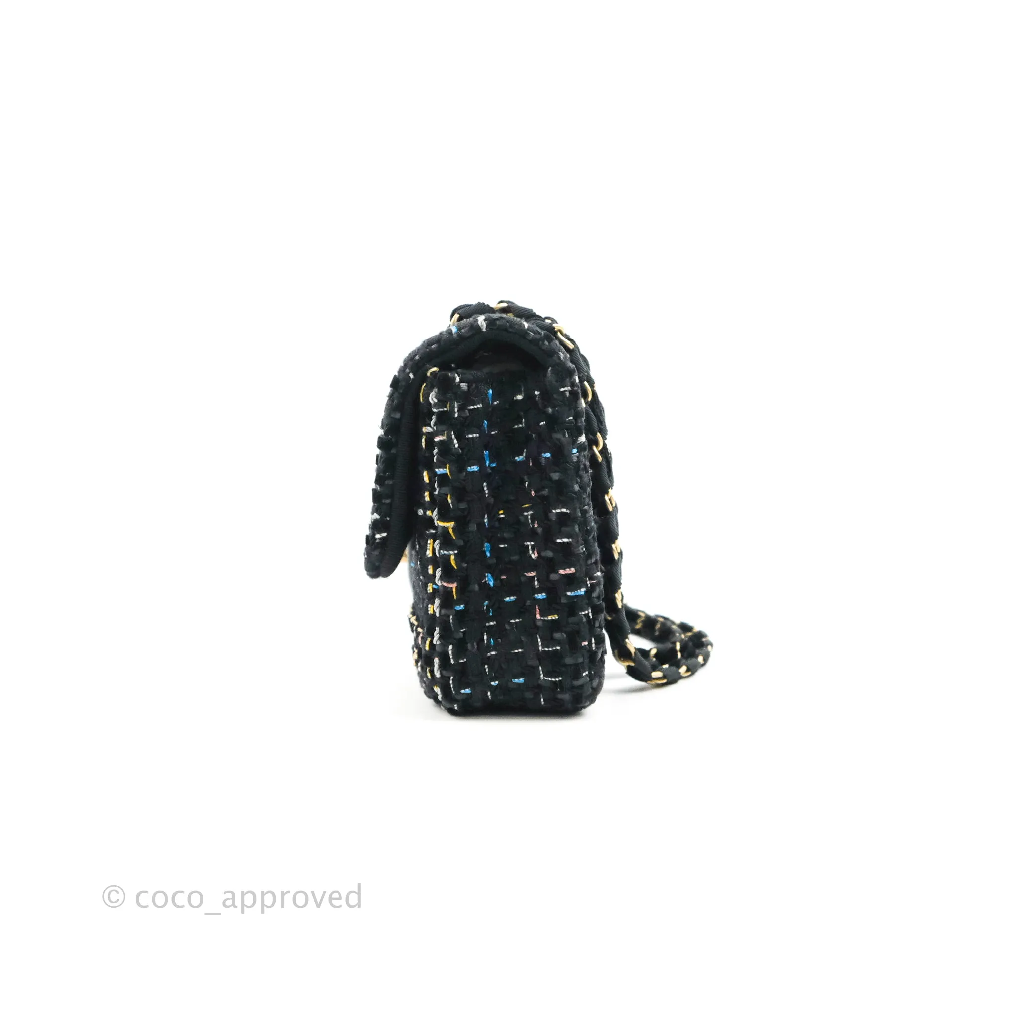 Chanel Medium Single Flap Black Tweed Chain Braid Aged Gold Hardware
