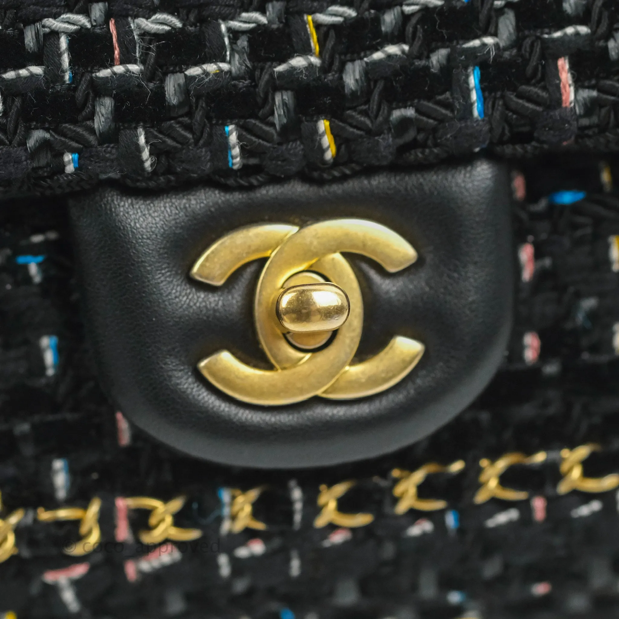 Chanel Medium Single Flap Black Tweed Chain Braid Aged Gold Hardware