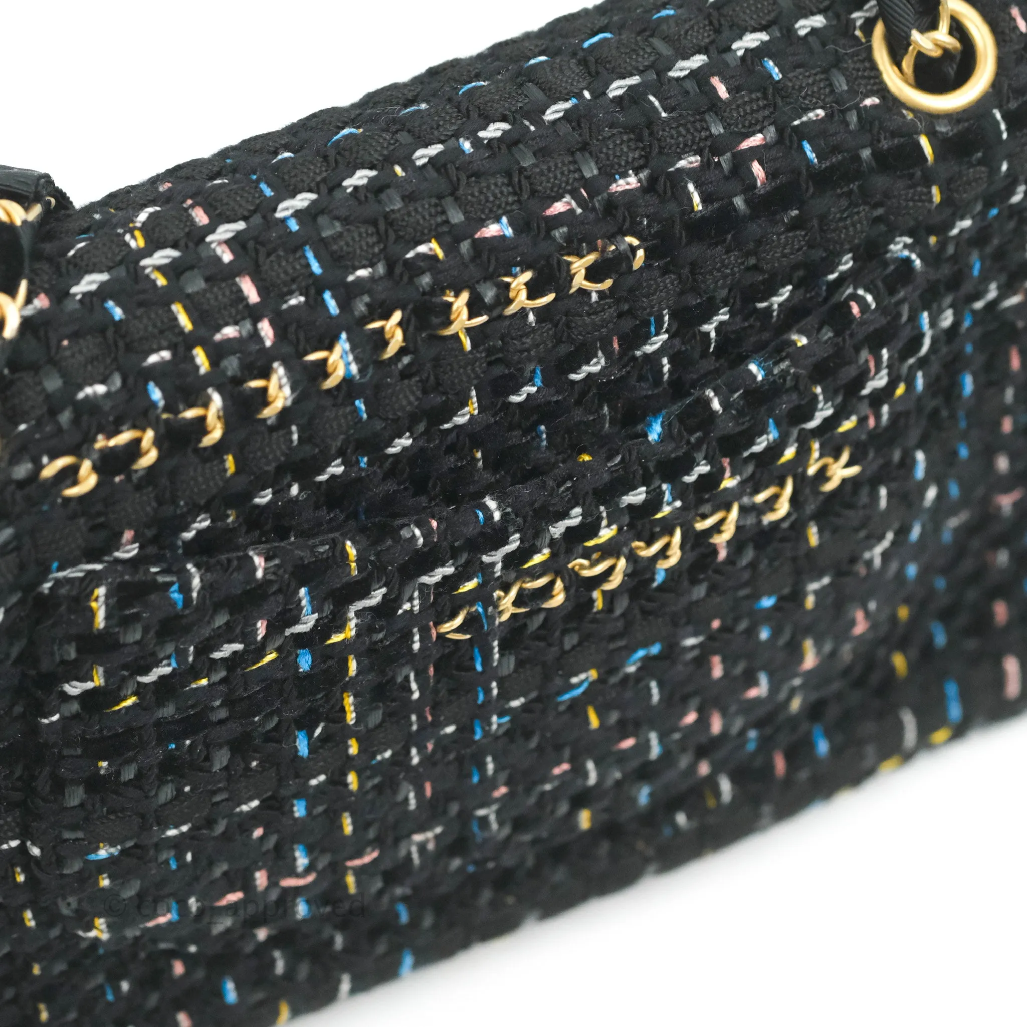Chanel Medium Single Flap Black Tweed Chain Braid Aged Gold Hardware