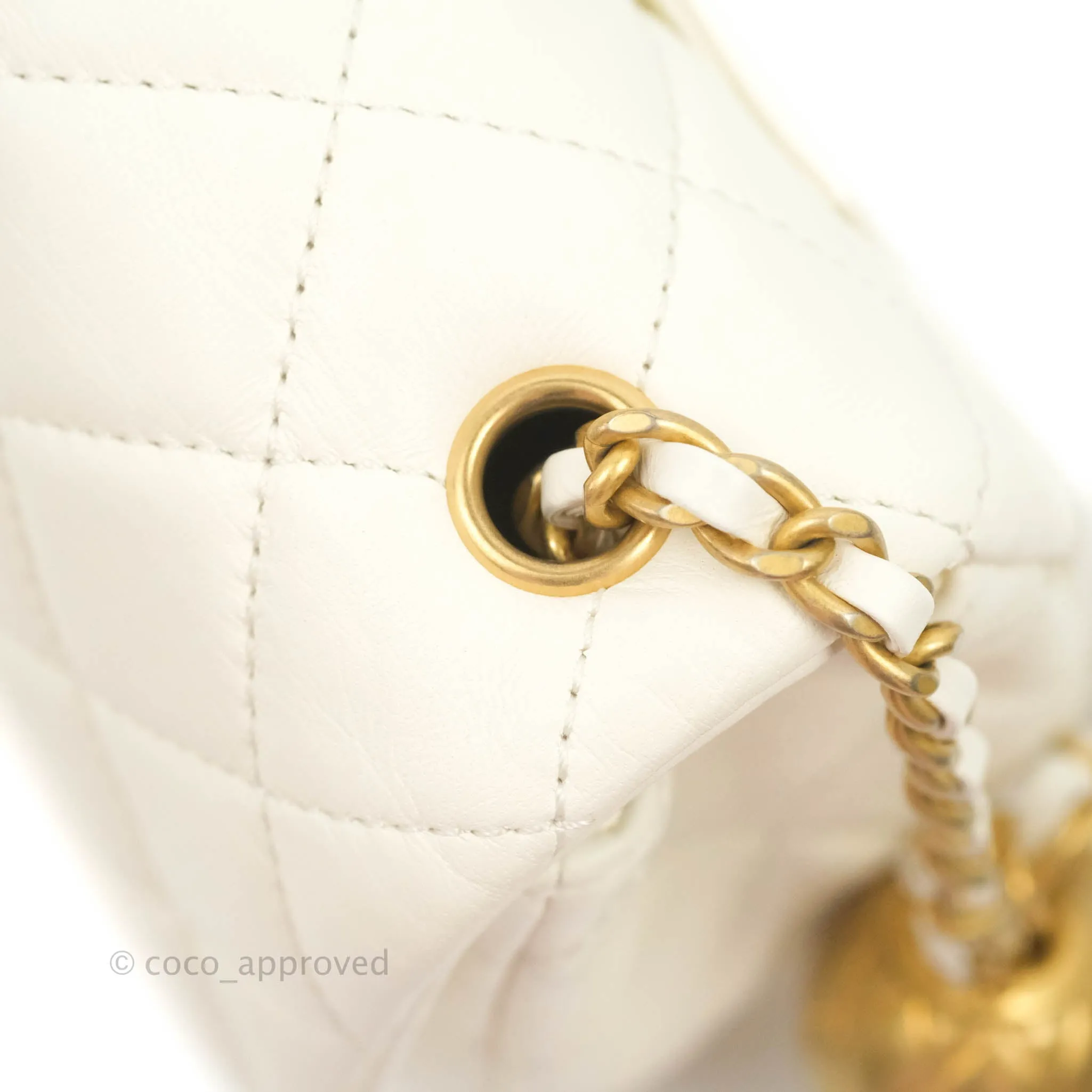 Chanel Mini Rectangular Pearl Crush Quilted White Lambskin Aged Gold Hardware