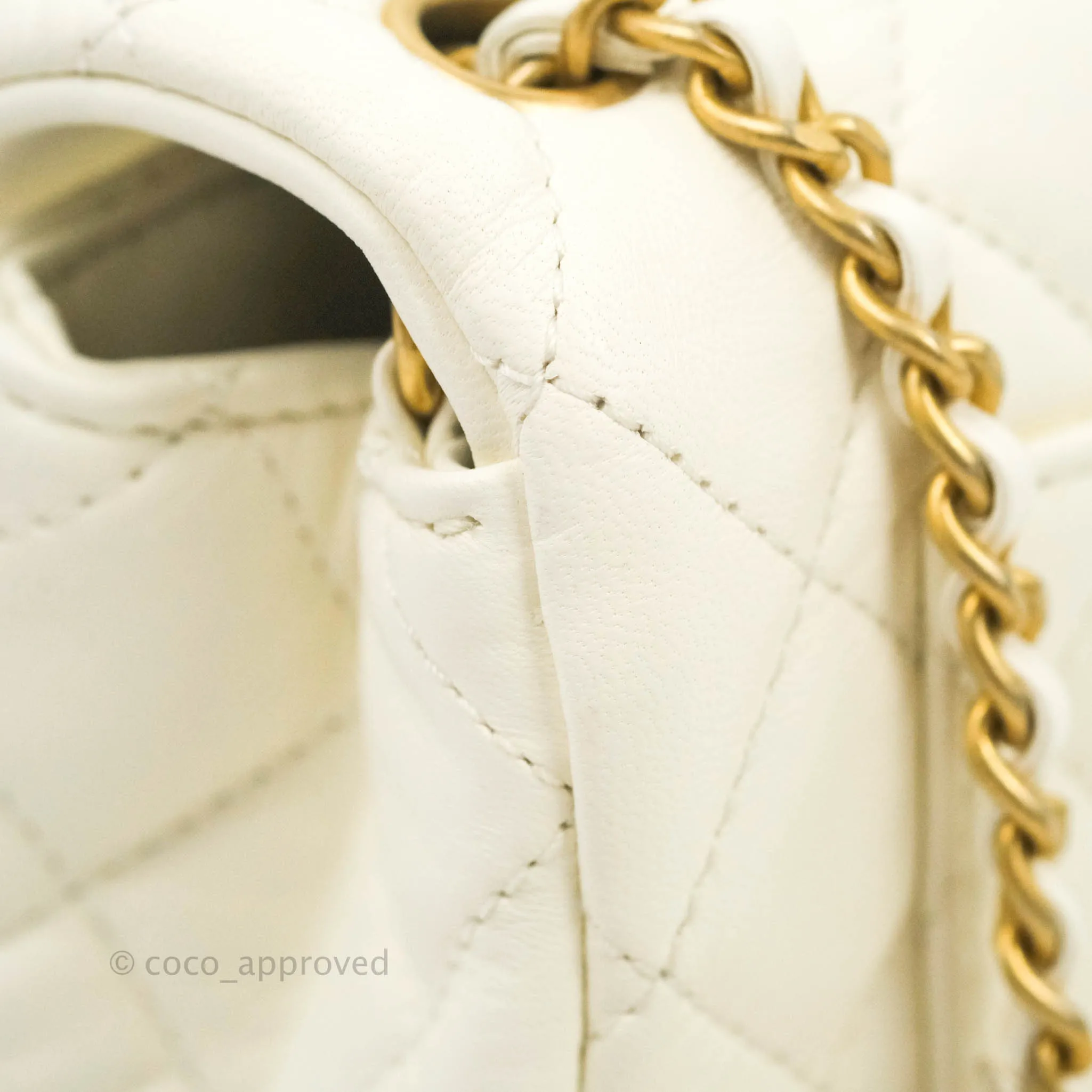 Chanel Mini Rectangular Pearl Crush Quilted White Lambskin Aged Gold Hardware