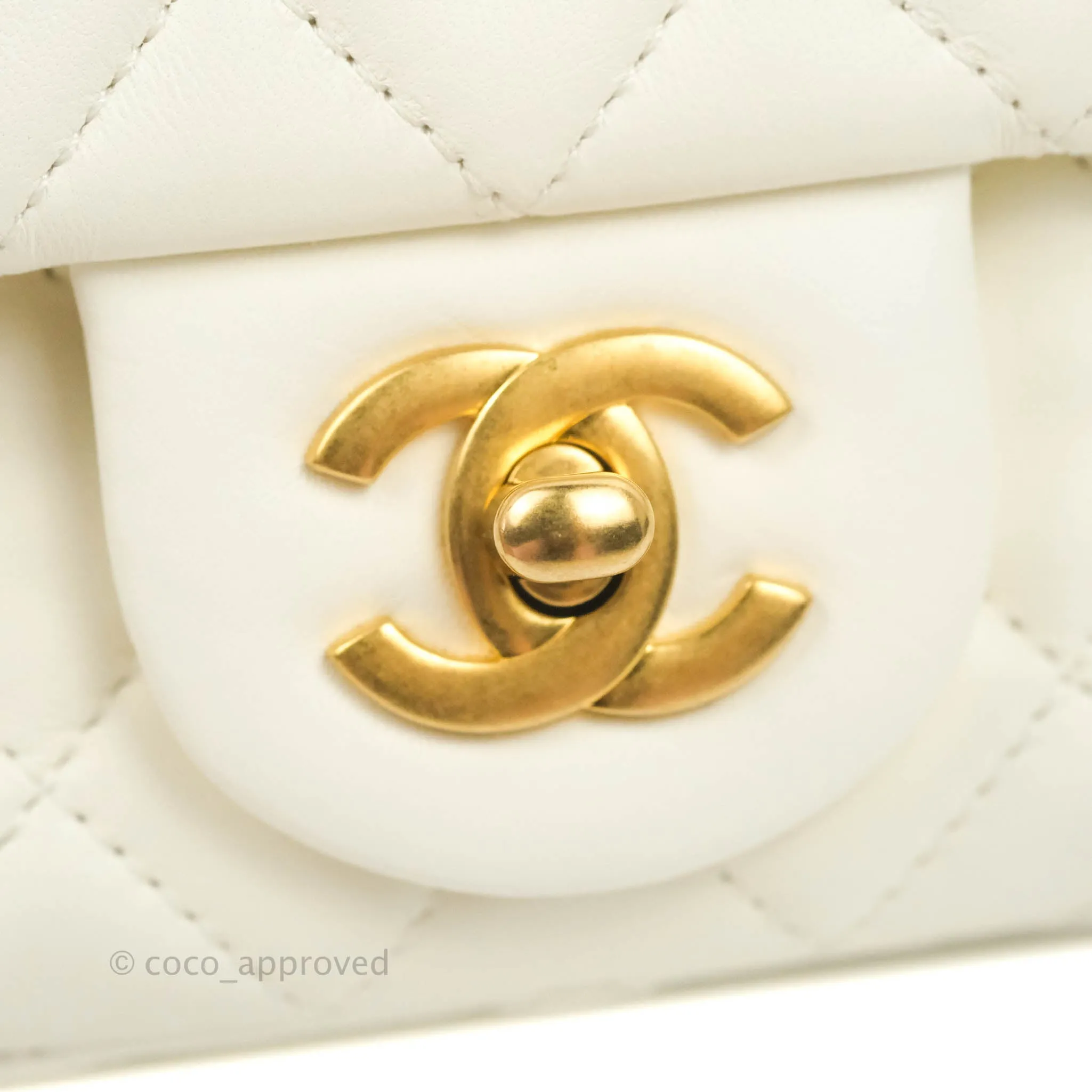 Chanel Mini Rectangular Pearl Crush Quilted White Lambskin Aged Gold Hardware