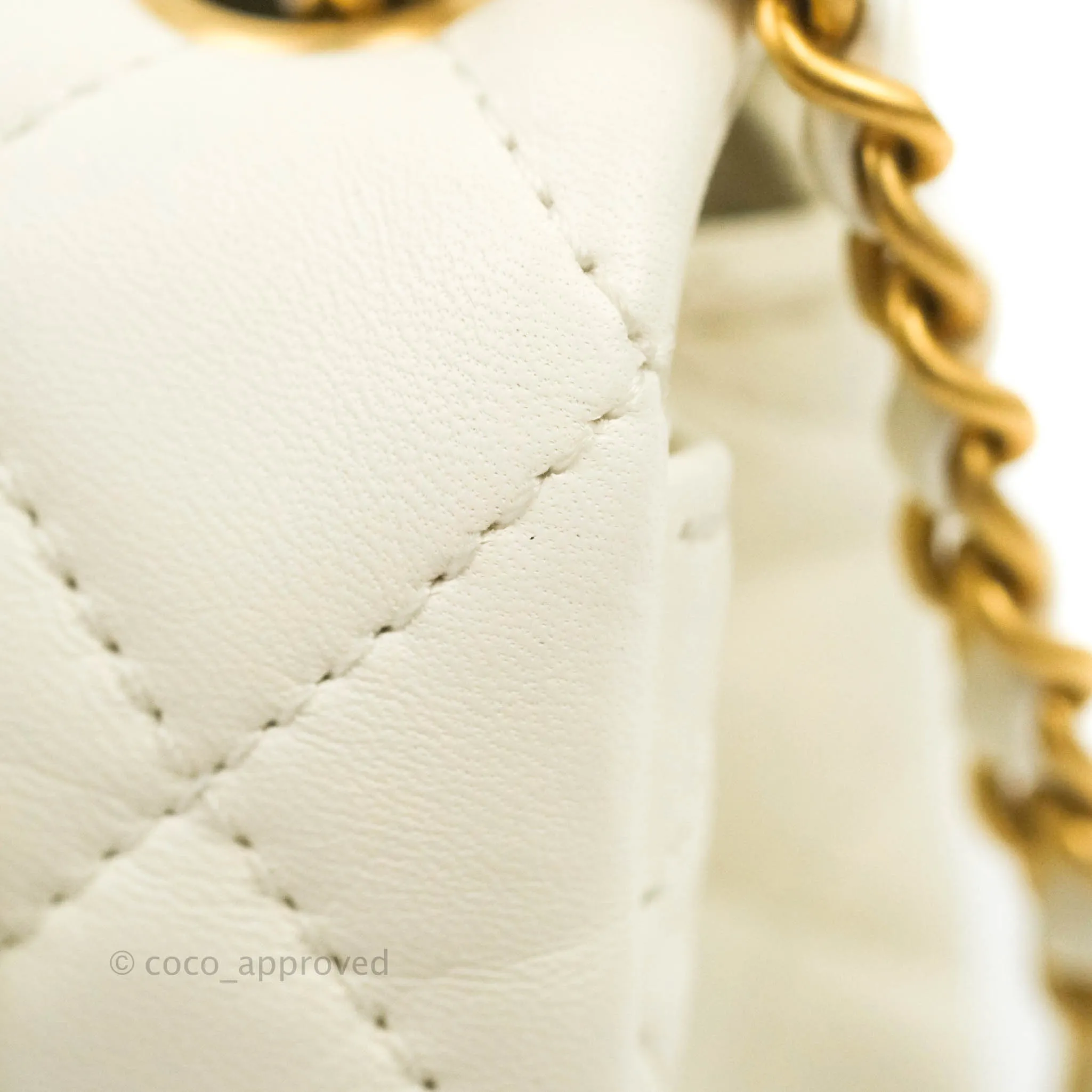 Chanel Mini Rectangular Pearl Crush Quilted White Lambskin Aged Gold Hardware