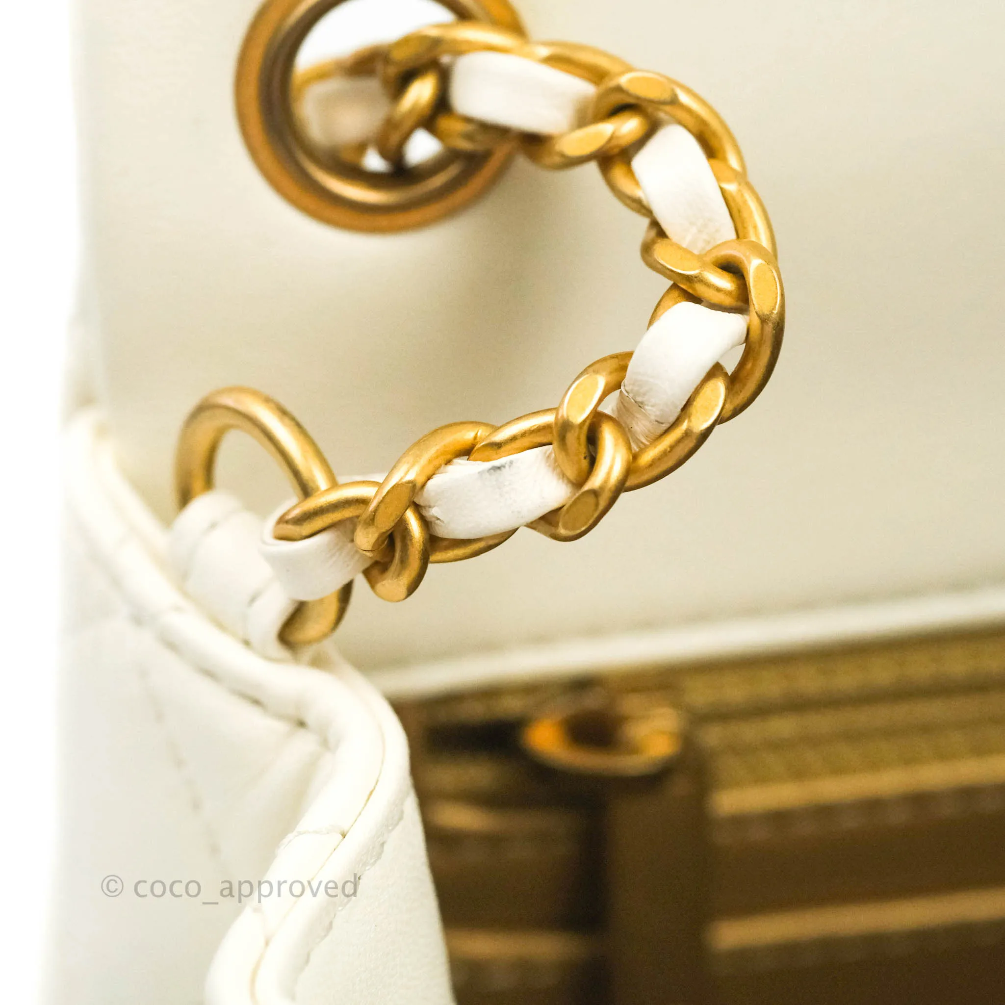 Chanel Mini Rectangular Pearl Crush Quilted White Lambskin Aged Gold Hardware