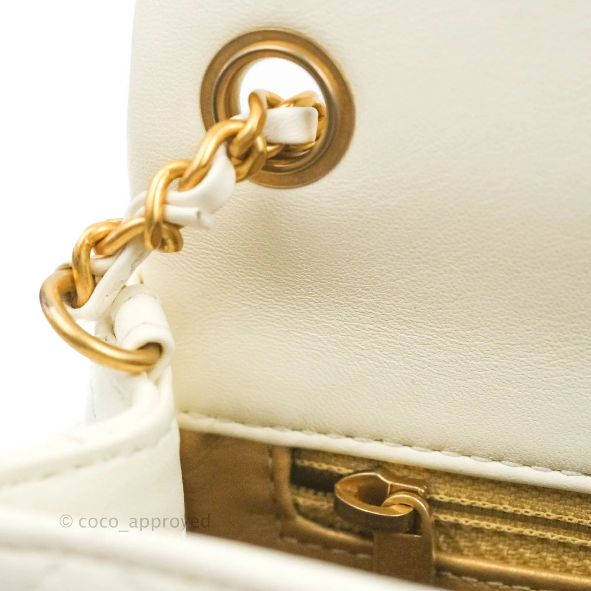 Chanel Mini Rectangular Pearl Crush Quilted White Lambskin Aged Gold Hardware
