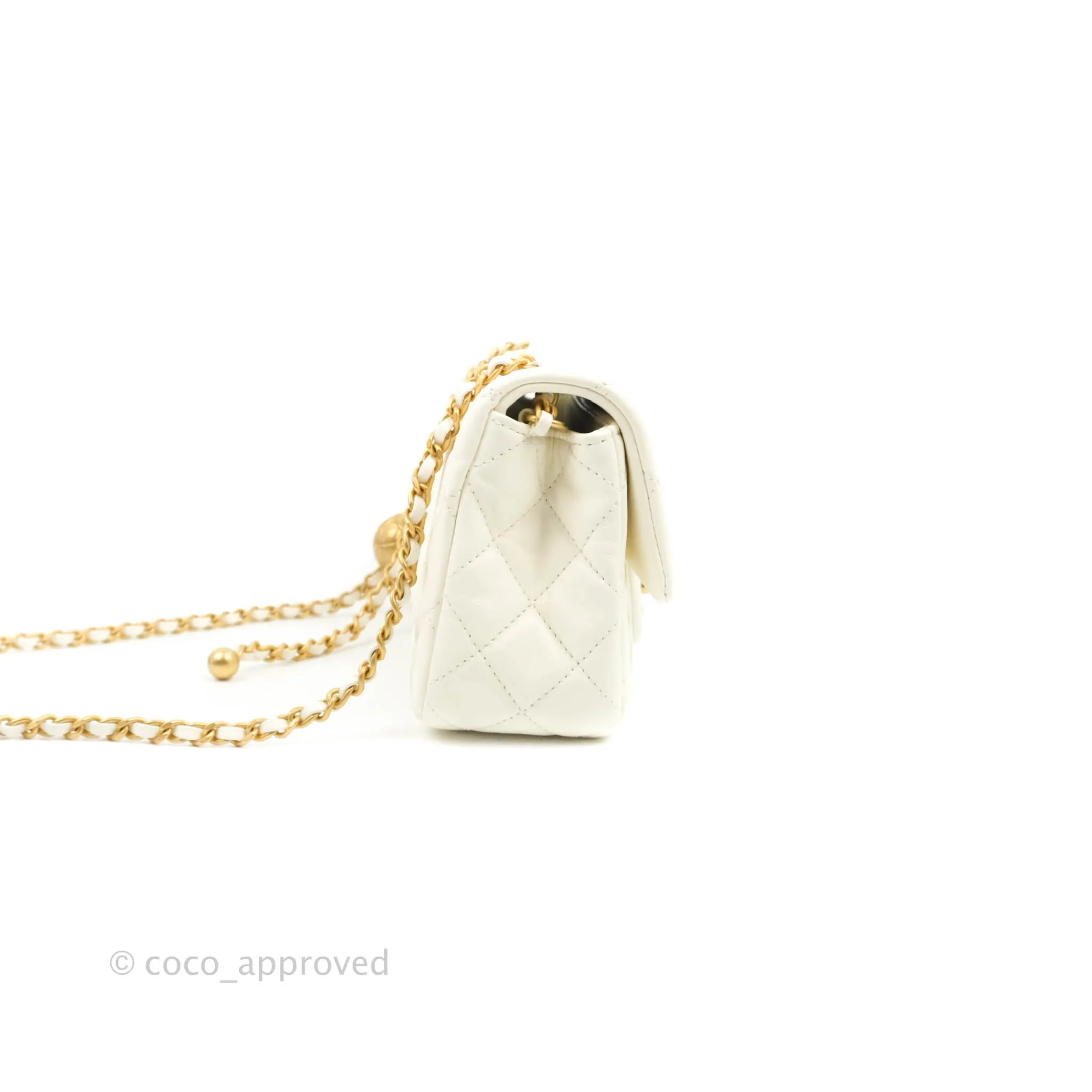 Chanel Mini Rectangular Pearl Crush Quilted White Lambskin Aged Gold Hardware